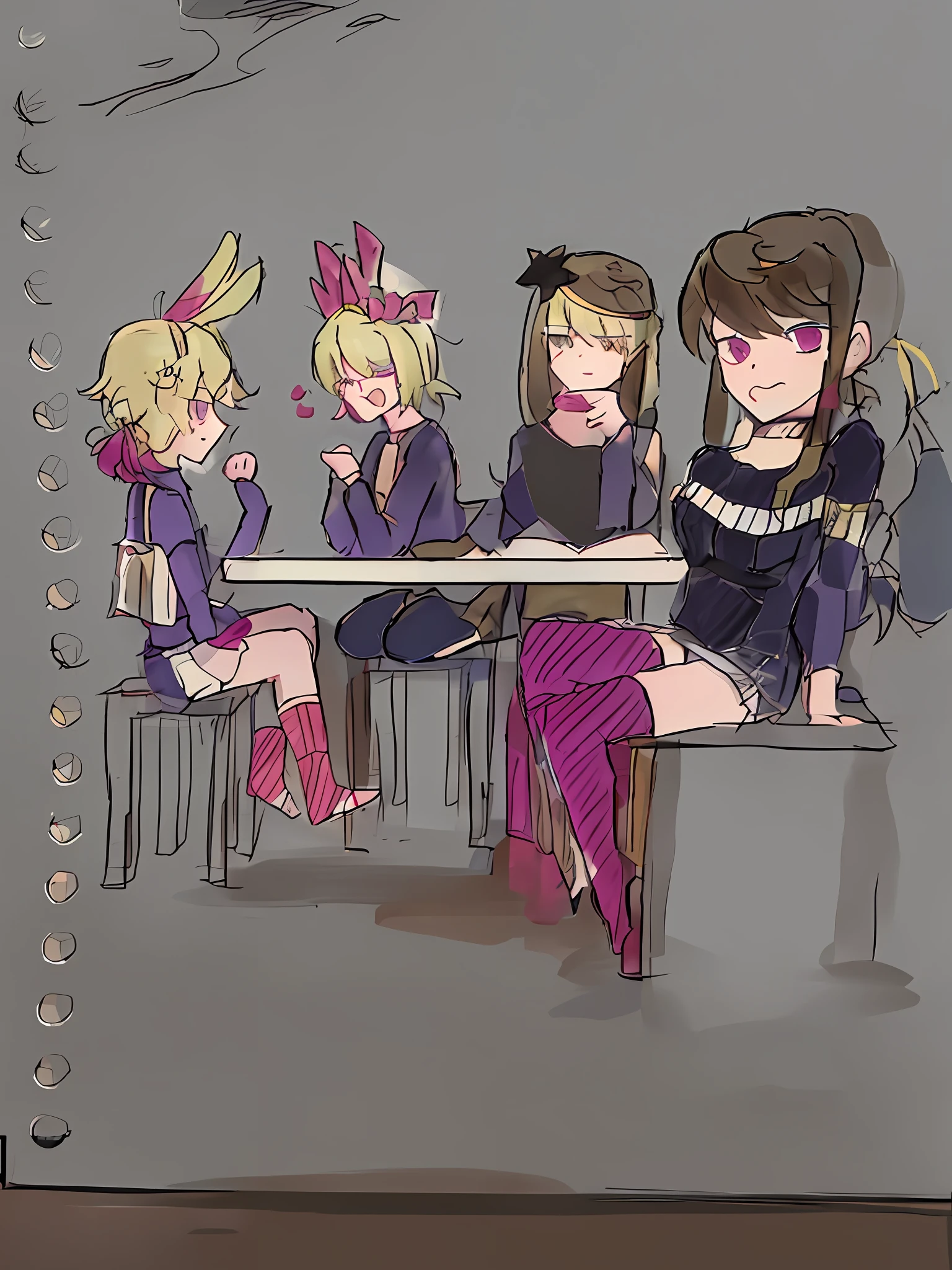 high quailty，Movie quality，bestbestquality，A group of people sat at a table, DDLC, sitting in a cafe, anime sketch, sitting at a table, casual pose, sitting on a table, Anime drawing, anime style drawing, Line sketch!!, various posed, sitting at table, ecchi style, in an anime style, sitting on a table, ECCHI anime style