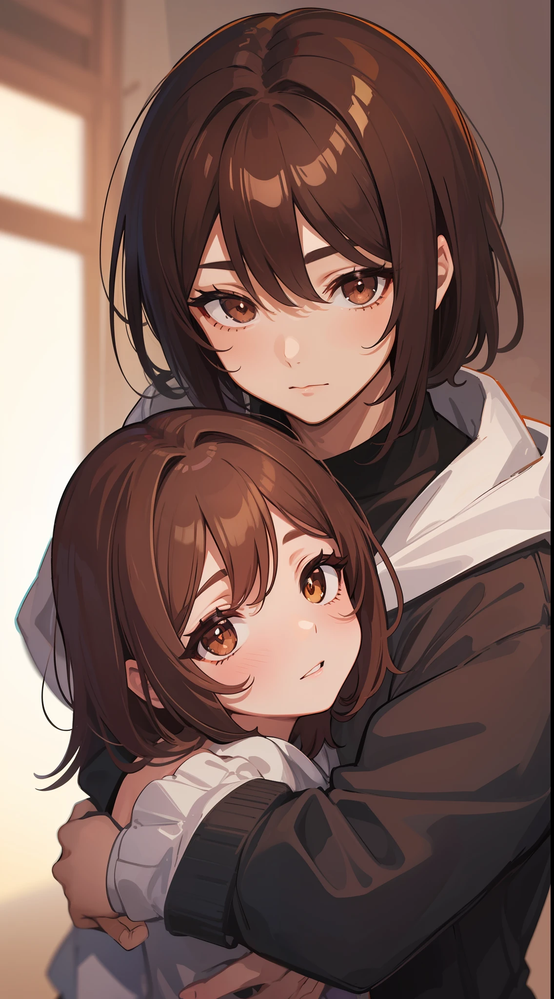1 man, brown eyes with sharp pupils, brown hair and he wears a black hoodie and is intimately hugging his lovely brown haired, brown eyed wife
