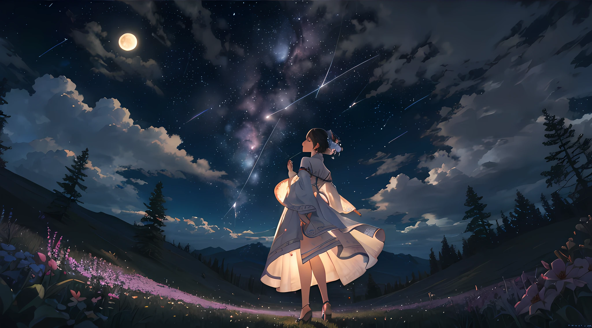 Expansive landscape photograph, (view from below with a view of the sky and wilderness below), little girl standing in a flower field looking up, (full moon: 1.2), (shooting star: 0.9), (nebula: 1.3), distant mountain, tree break production art, (warm light source: 1.2), (firefly: 1.2), lamp, purple and orange, intricate detail, volume lighting, realism break (masterpiece: 1.2) (Best Quality), 4K, Ultra-Detailed, (Dynamic Configuration: 1.4), Highly Detailed and Colorful Details, (Iridescent Colors: 1.2), (Glowing Lighting, Atmospheric Lighting), Dreamy, Magical, (Solo: 1.2)