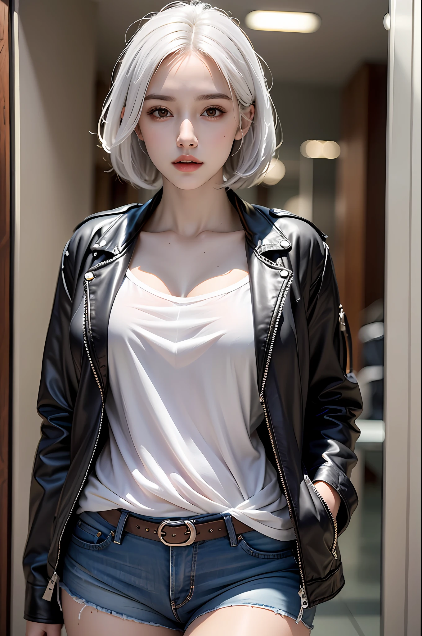 Best quality, masterpiece, ultra high res, (photorealistic:1.4), raw photo, (perfect body shape), 1girl, detailed face, white hair, waist up, solo, over size jacket, shirt, jean short