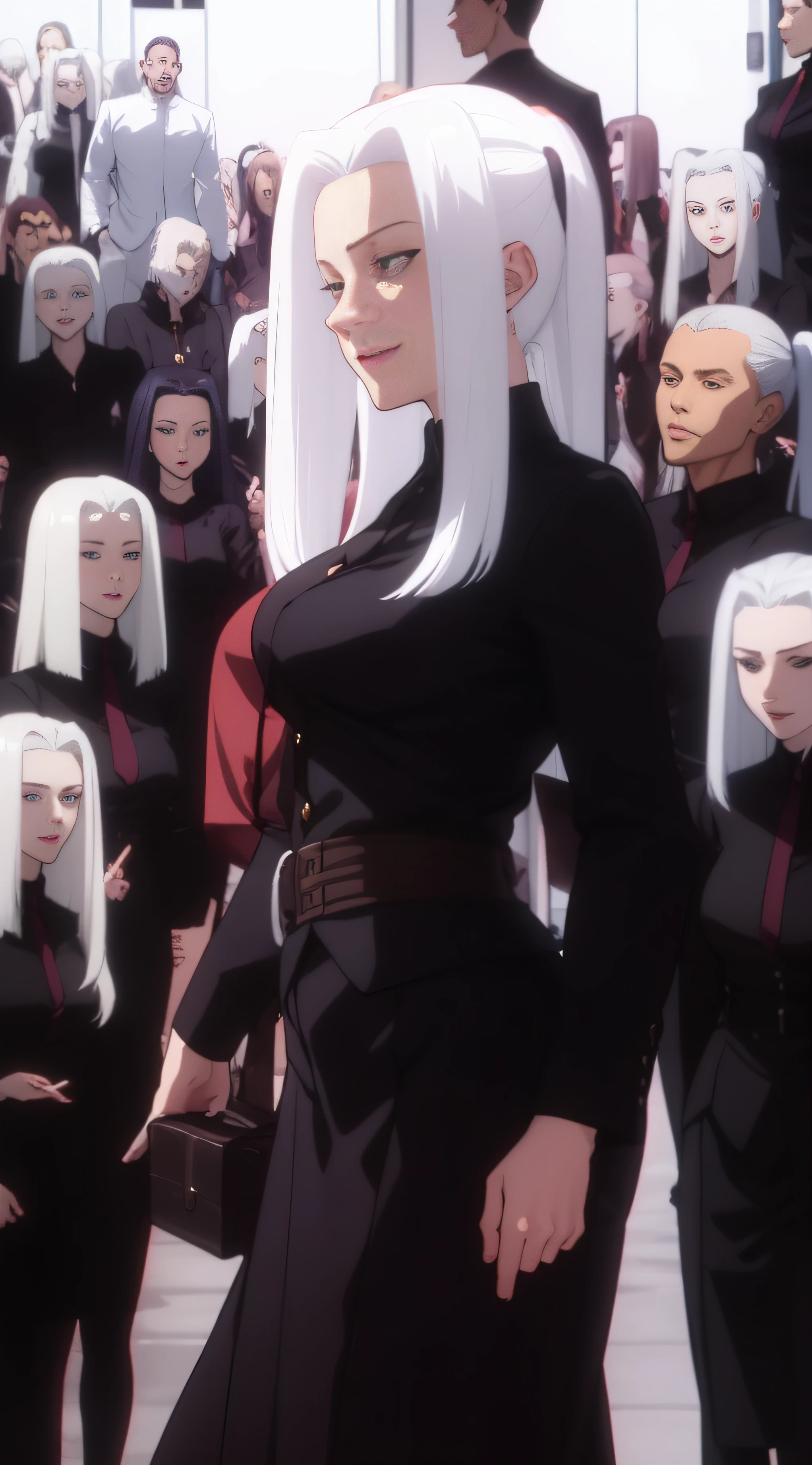 a woman standing in front of a flock of birds, anime screencap, suit ， perfect face, long length slick white hair, pulling the move'derp banshee ', long raven hair, crows, squinting at high noon, [sirius], elegant woman, jk uniform, aliased, eeire mood, ilya, nagel