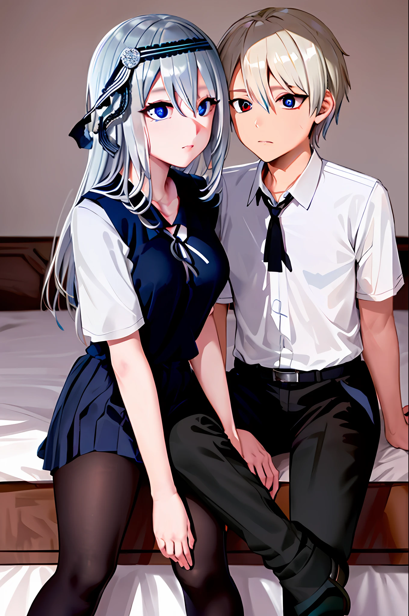(((masterpiece))), (((best quality))), highres, ((((1girl she has gray hair with blue eyes and 1boy he has short black hair with red eyes who are classmates)))), ((((They have different hair colors and eyes don't confuse)))), (draws Kei and kiyotaka ayanokoji looking at each other), (2schoolmates who are Kei and kiyotaka ayanokoji looking at each other), (kei1), (1girl), solo, ((((she has blue eyes)))), (she has long hair), (she wears a school uniform), (she has ribbon), (she has bangs), collarbone, she has gray hair, she has black hair band, she has neck ribbon, hair between her eyes, she has medium breasts, cowboy shot, she is looking seriously at kiyotaka ayanokoji, anatomically correct whole body, is inside a school room, is sitting on a bed with her legs together, full detached scenary, (1boy), (kiyotaka ayanokoji), 15-year-old ager, school uniform white shirt black jacket open jacket red tie long black pants sitting, ((((he has red eyes)))), ((he has short black hair)), anatomically correct whole body, he has a jesus necklace around his neck, normal legs, wears black shoes, (he's looking at Kei1 or the girl), he's sitting in a chair, he's facing Kei, (full detail escenario)