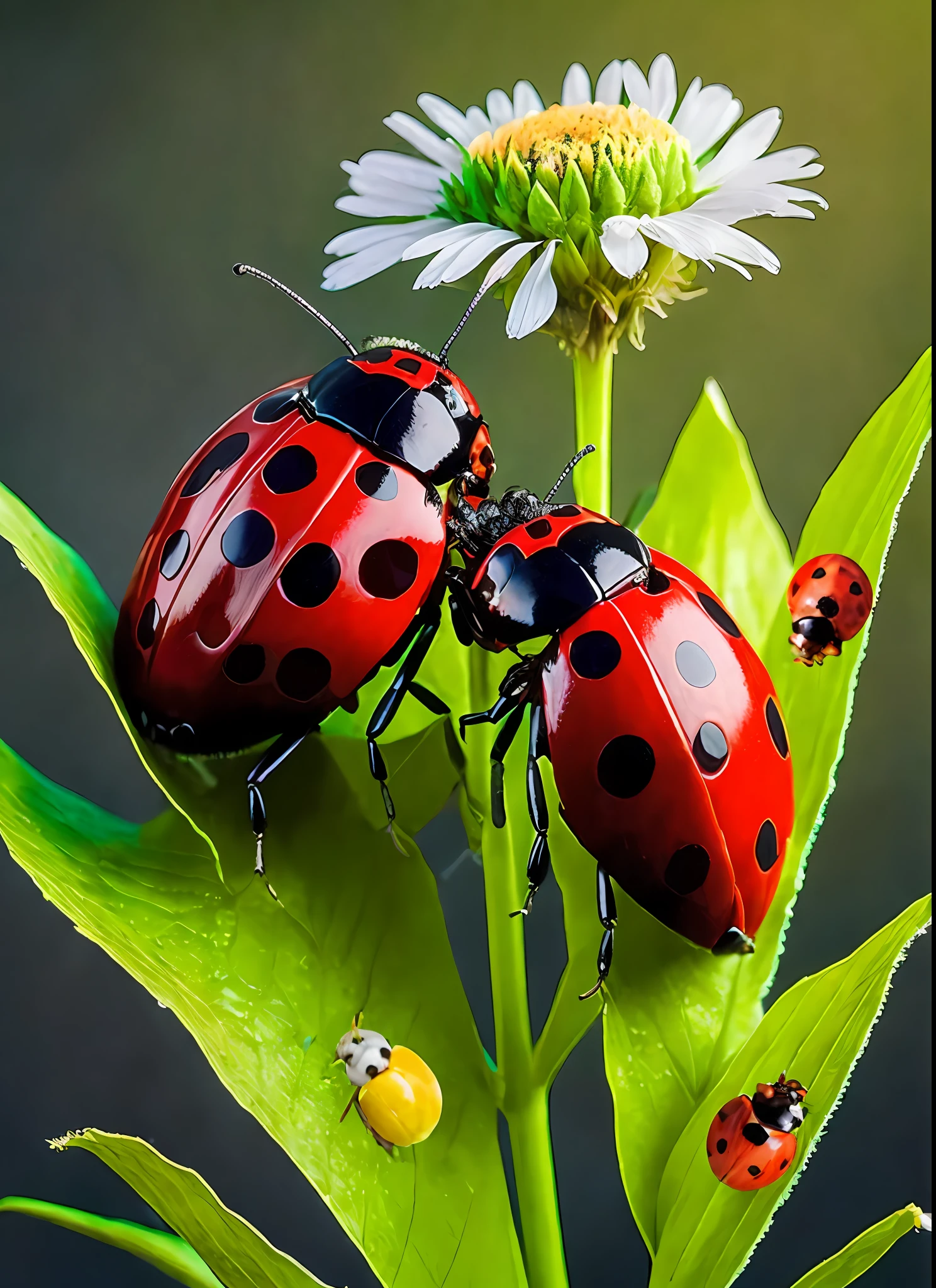 joaninhas em uma folha verde com uma flor branca no fundo, Joaninhas, ladybug robots, foto de retrato, fotografia macro, Fotografia macro premiada, Insetos, joaninha, Besouros, Hobbits Joaninha, huge ladybug motherships, Foto, Arte macro, fotografia macro 8k, huge ladybug mothership, foto macro, shy beetles, alto - contraste