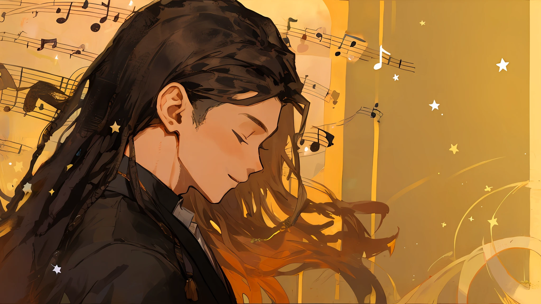 Music notes around the man