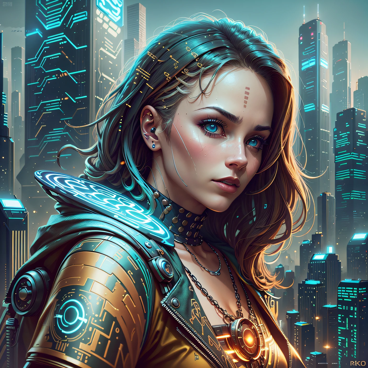 8k portrait of a cyberpunk girl,novahigh quality, masterpiece, digital art, side lighting, detailed background, futuristic city,