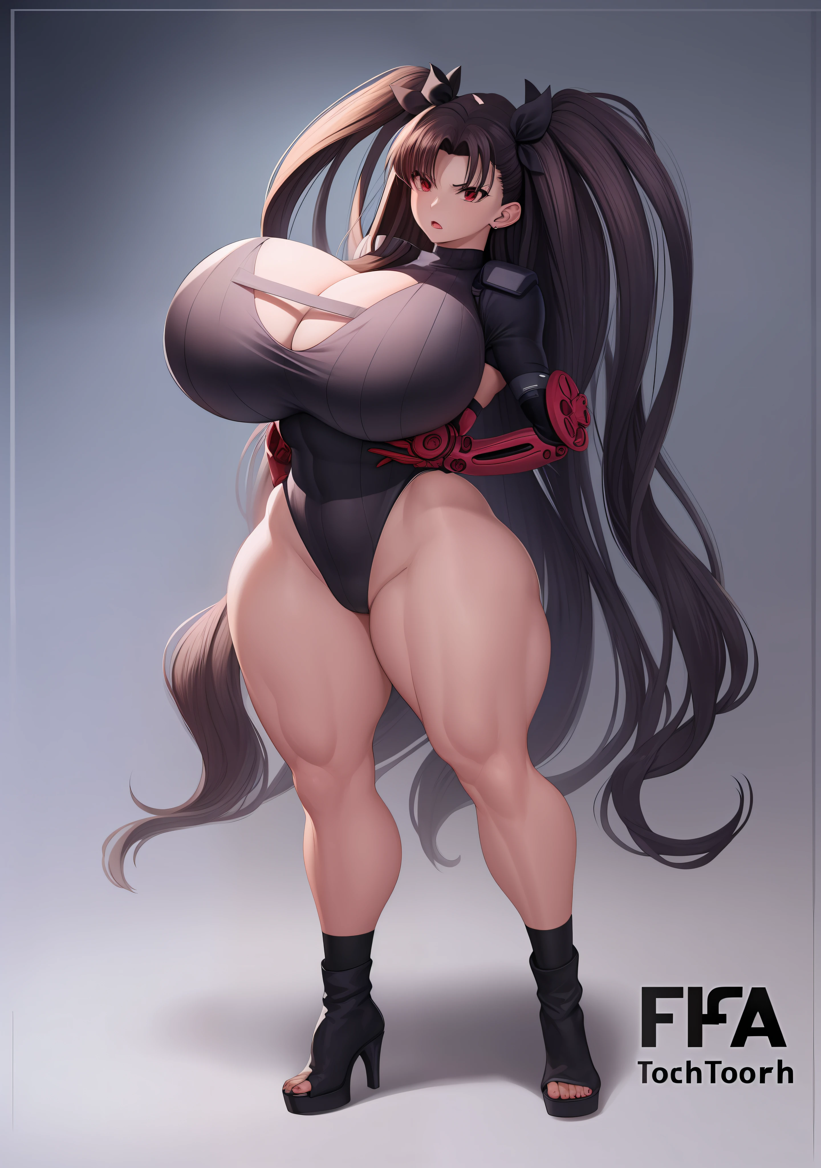 a cartoon picture of a woman with long hair and a combat glove, rin tohsaka, glamorous tifa lockheart, biomechanical oppai, tifa, fullbody commission for, oppai proportions, seductive tifa lockhart portrait, tifa lockheart, tifa lockhart, commission for high res, shalltear from overlord, cel shaded!!!, rin tohsaka, leotard, shadaloo doll, huge breasts, oppai, biomechanical oppai, oppai proportions, platform heels, thicc, muscle girl, saluting