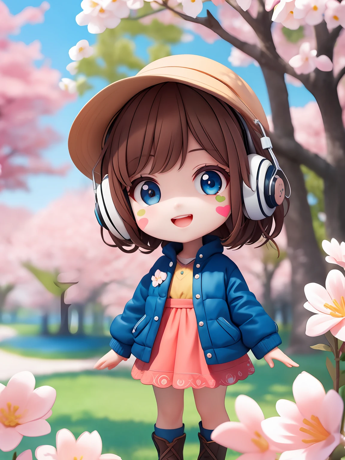 (masterpiece), (best quality), (ultra-detailed), (full body: 1.2), 1girl, chibi, cute, smile, open mouth, flower, outdoor, jacket, blush, tree, : 3, shirt, short hair, cherry blossoms, green headwear, blurry, brown hair, blus stickers, long sleeves, bangs, headphones, brown hair, pink flower, (beautiful detailed face), (beautiful blue and detailed eyes),