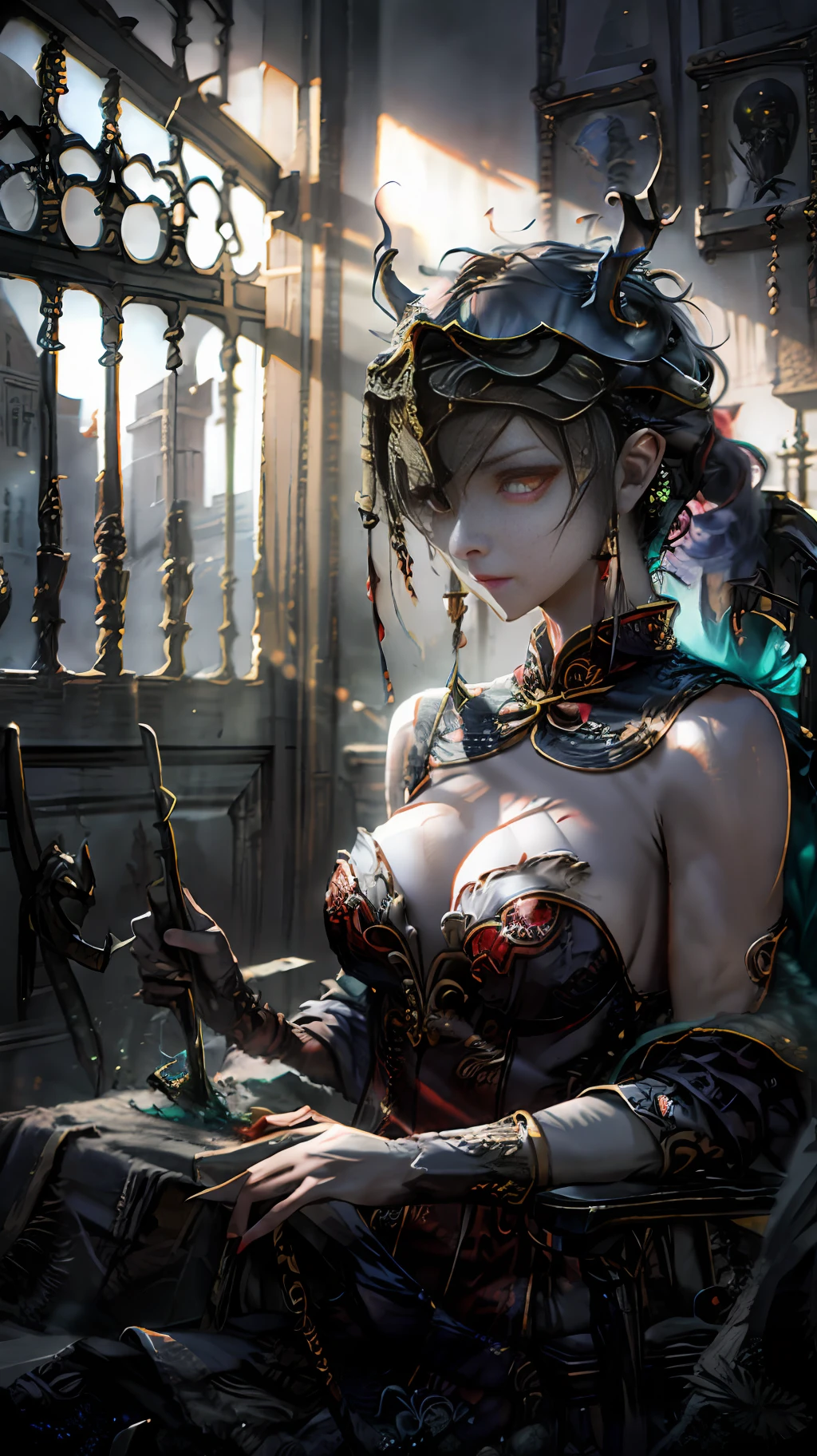 Dark style theme, The picture is extremely dark and evil, Center of the screen, A woman in a red cheongsam sits on an antique chair, The head is covered by a red cloth veil, An evil gate opened behind her, A monster with a minotaur and a horse-headed man is now next to the gate, The eyes are red, gothic art, Fauvism, Backlighting, shadows, Symmetry, eye level shot, Ultrahigh definition, Masterpiece, ccurate, super-detail, High quality, 8K，Mid-range lens，chair:1.2，door:1.2