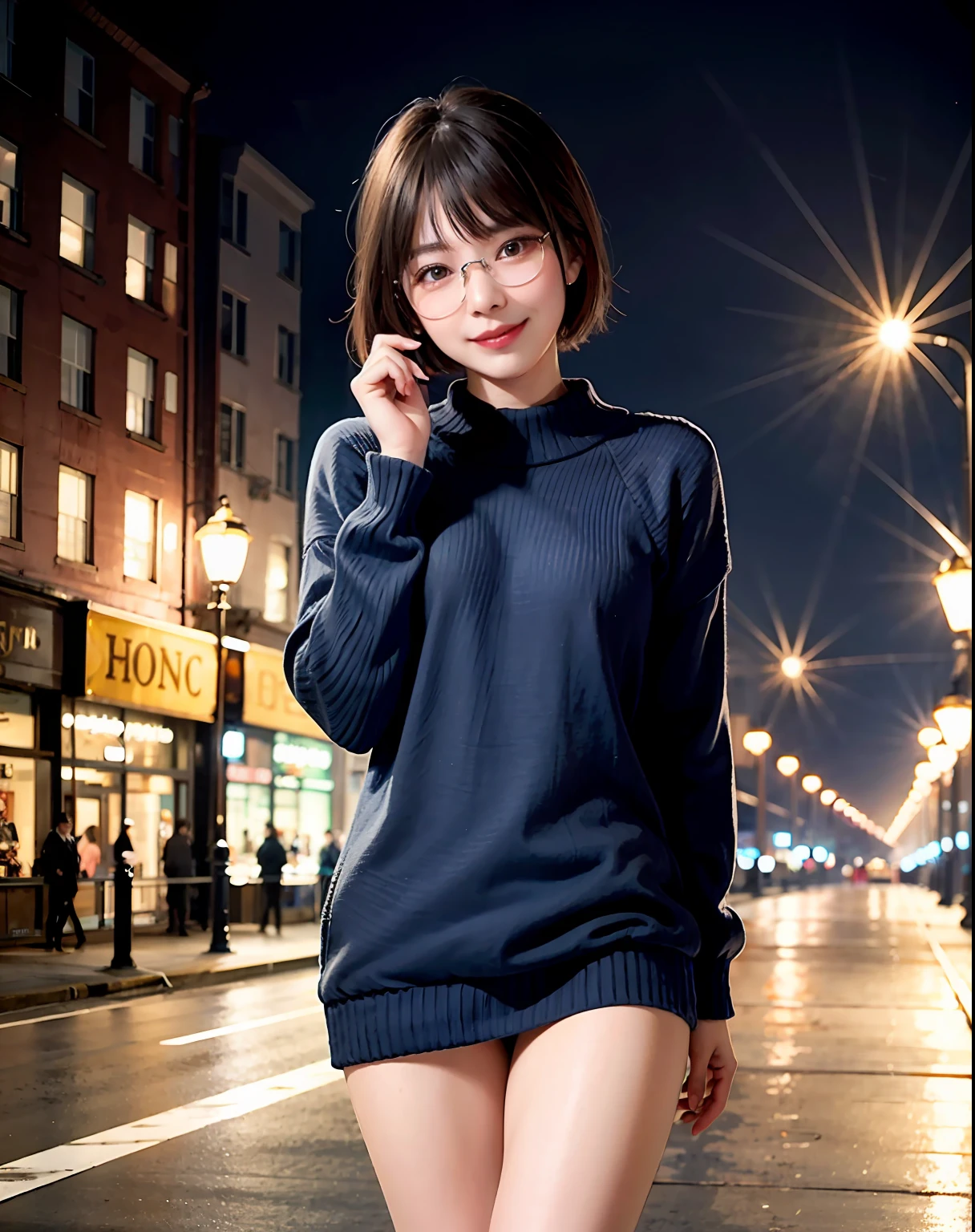 Woman posing on street corner in casual clothes、maximum quality、girl 1 person、small chest、jour、brightly lit、Blur background、Bokeh、out door、(street:0.8)、Woman with glasses、Glasses with a thin frame、Round lens glasses、Thin golden glasses frame、sweater:1.5、Light blue sweater:1.2、Blue dress:1.5)、Luxury(short hair、Forehead:1.2)、Beautiful skies in every detail、(dinamic pose:1.2)、 (upper body:0.5)、Soft lighting、wind blow、glowy skin、a smiling look、