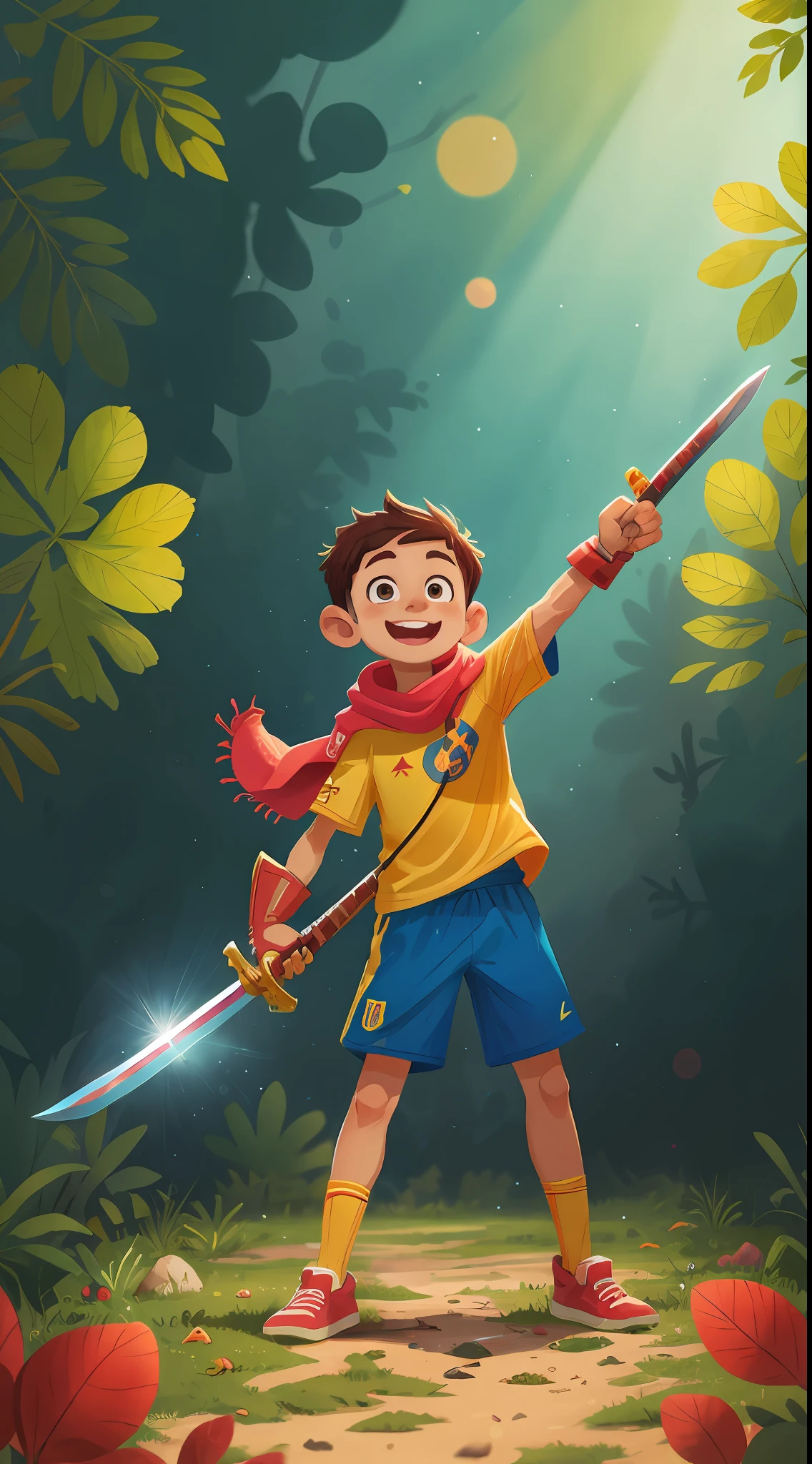 Garoto, super-heroi, Cover tied around neck, wielding a sword in the air with his right hand, sorrindo, feliz, (extrema qualidade, obra prima), (Focus on Pelé: 4.5), (desfoque no fundo: 3.4), foco nitido, , artstation, detailed hands (5 dedos, extrema qualidade), colorido, cartoon, felicidade, amizade, brilhante, (bokeh), (high res), (4:3), 8K, fantasia, background is your childrenom
