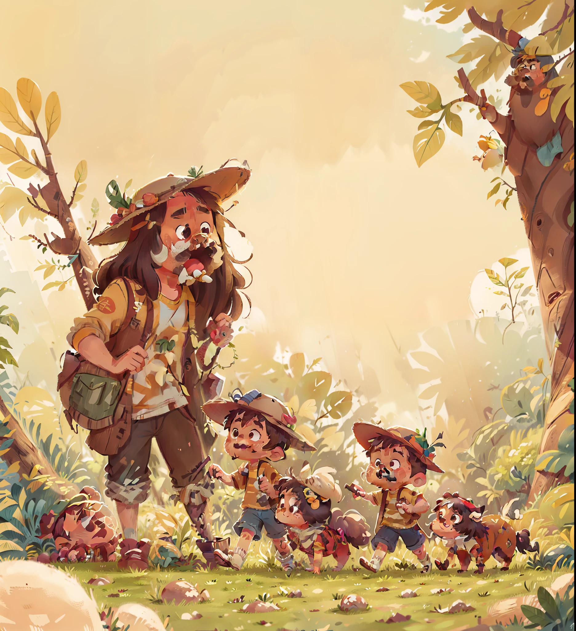 Um jovem passeando com seu border collie marrom na natureza, nadando entre colinas, de bota, hat and mustache, realistic style high resolution, childrens illustration