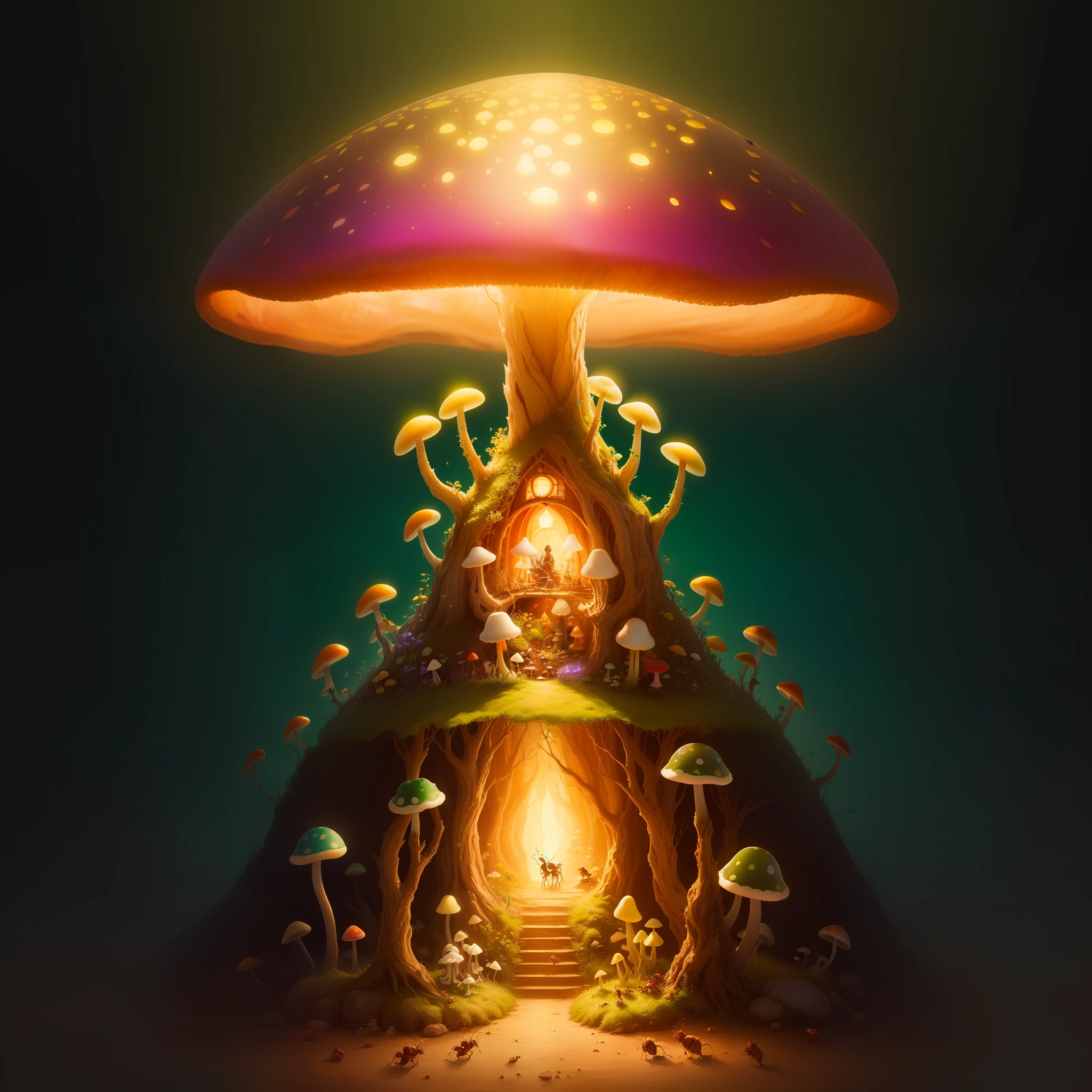 whimsical glowy mushroom anthill, fantasy, realistic, ants, anthill, mystical