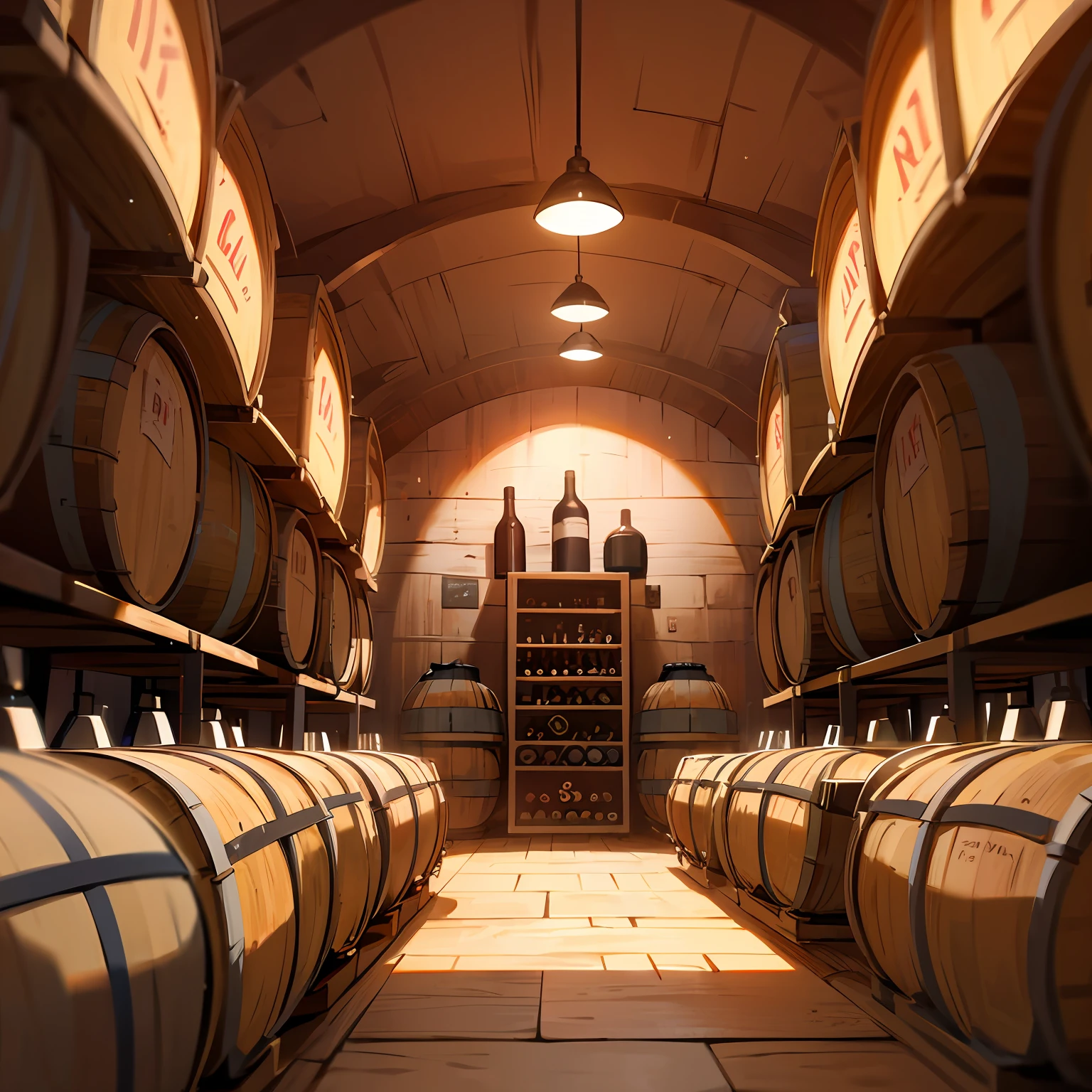 The winery is filmed，Wine barrels，Wine cellar，Red wine bottle，warm color， 8k, Super lots of detail，Photo-real --auto