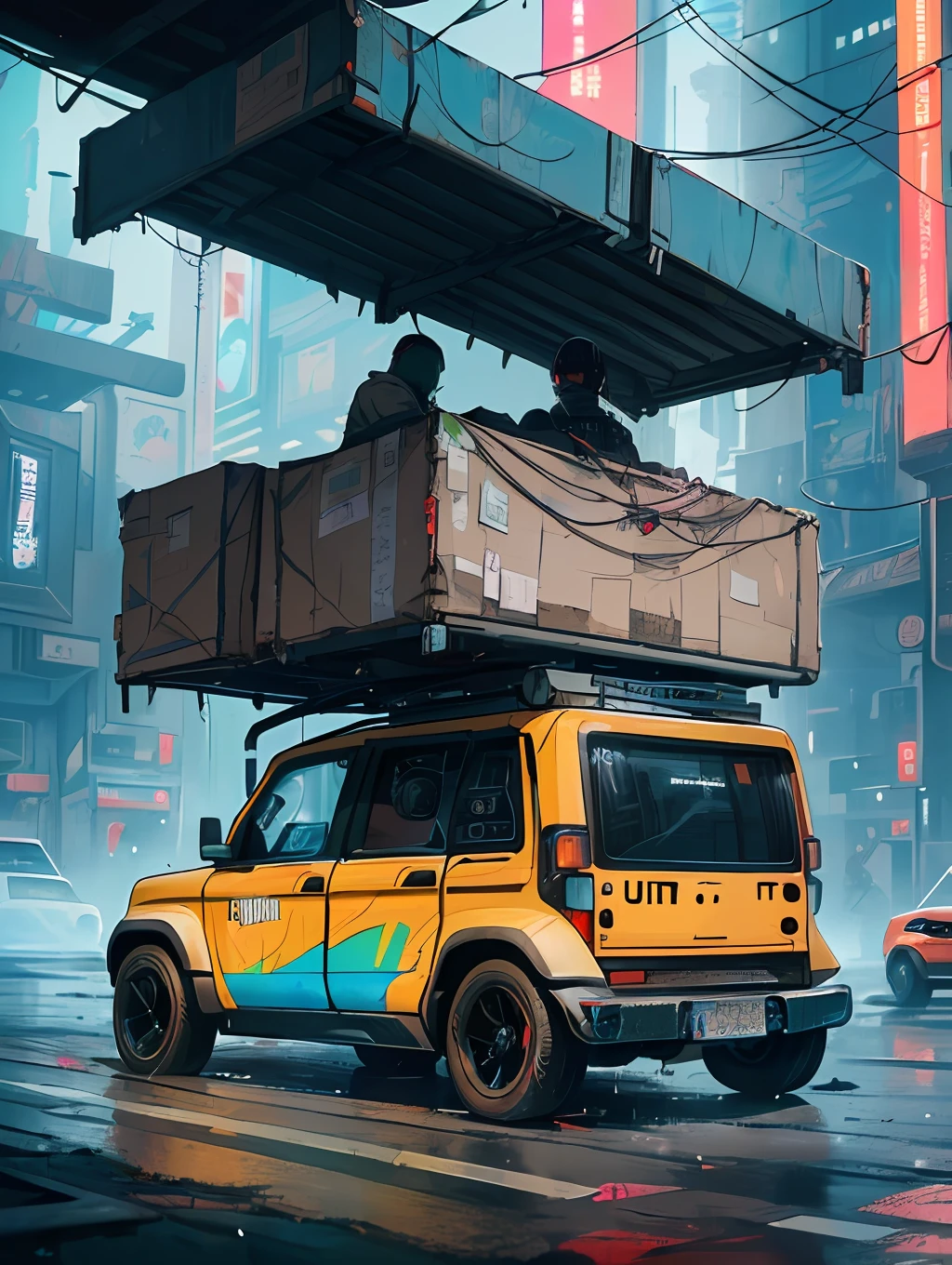 (late at night raining:1.3), (detailed beautiful skin textures, detailed beautiful face, ultra detailed clothing textures), , (Cyberpunk:1.4), , (an ultra detailed (cyberpunk custumed:1.5) and 4-doors (colorful small utility vehicle:1.5) with (loads on roof racks:1.3) and (cargo on the back:1.3) and letter-tyres:1.3), , (3/4 front view, The car is in the center of the frame), , (at a parking area, an ultra detailed Night City of Cyberpunk), (All cars are cyberpunk cars:1.2), , (softlighting), , (masterpiece, best quality:1.4, 8k, ultra detailed, illustration, distinct_image, intricate_details, delicate illustration), (realistic:0.15),