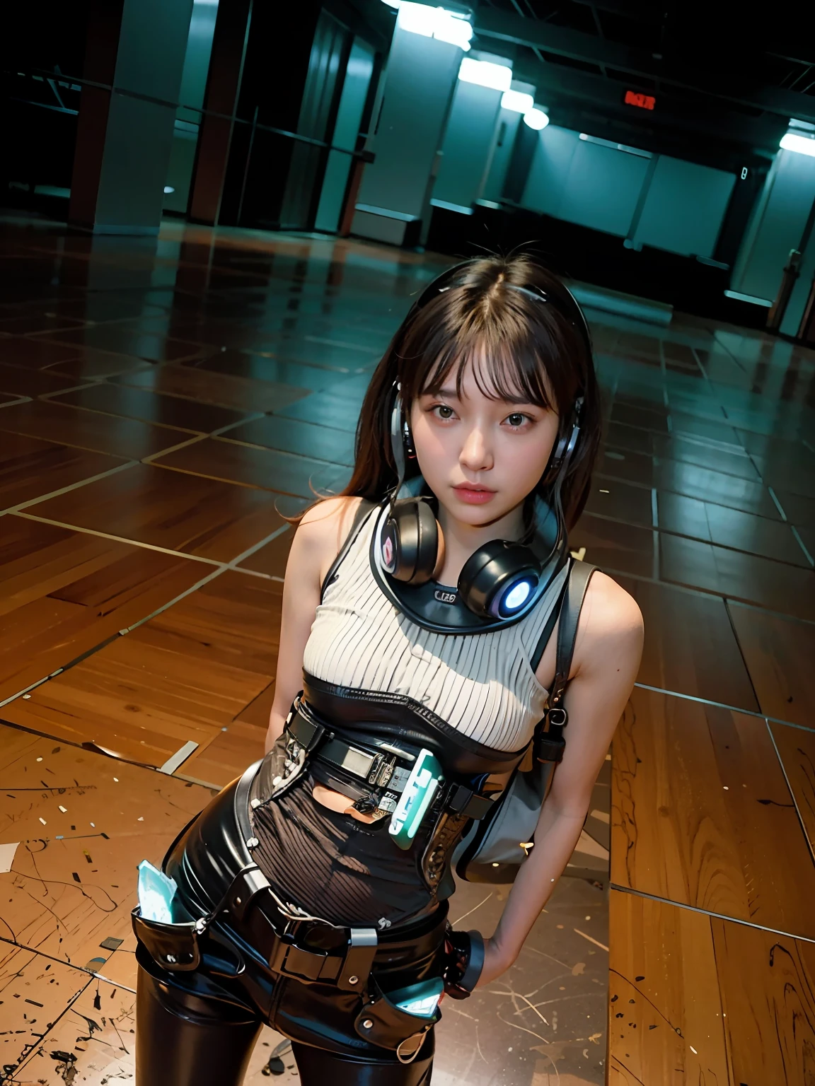 there is a woman that is standing in a room with headphones on, cute girl wearing tank suit, anime girl in real life, wearing space techwear, wearing cyberpunk streetwear, wearing japanese techwear, tifa lockhart, e - girl, e-girl, wearing tank top, Yoshitomo Nara, chiho, perfect android girl