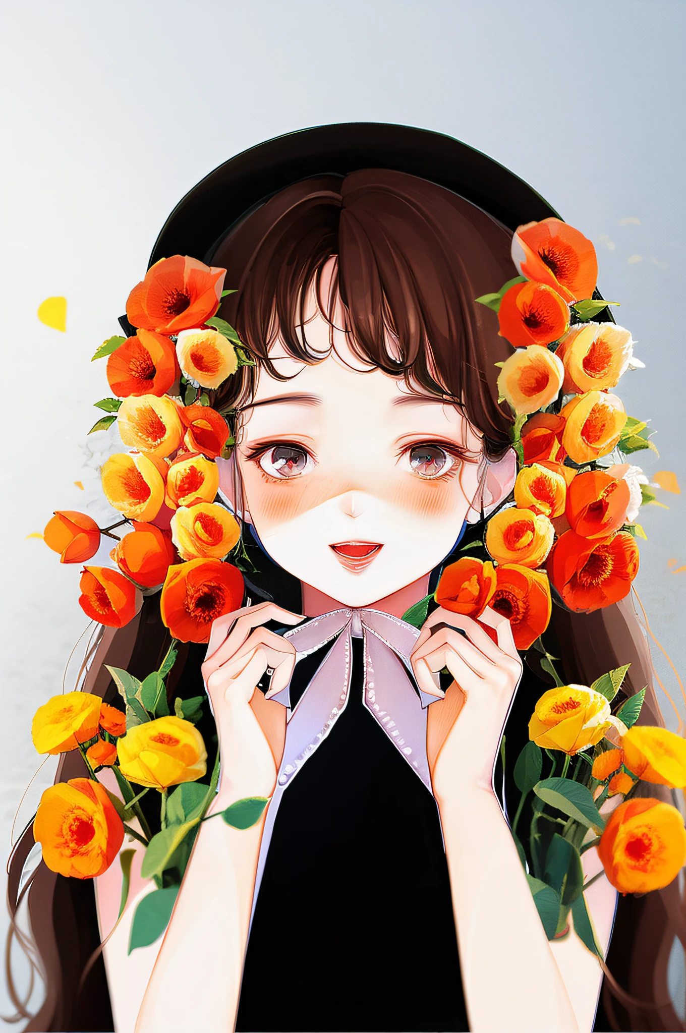 yxycolor,best quality, masterpiece, extremely detailed, detailed background, 1girl, flower, solo, smile, open mouth, twintail, long hair, ribbon, bag, hat, yellow flower, brown eyes, :d, bow, orange flower, blush, full body, green ribbon, frills, bangs, standing, white flower, apple, garden, sitting