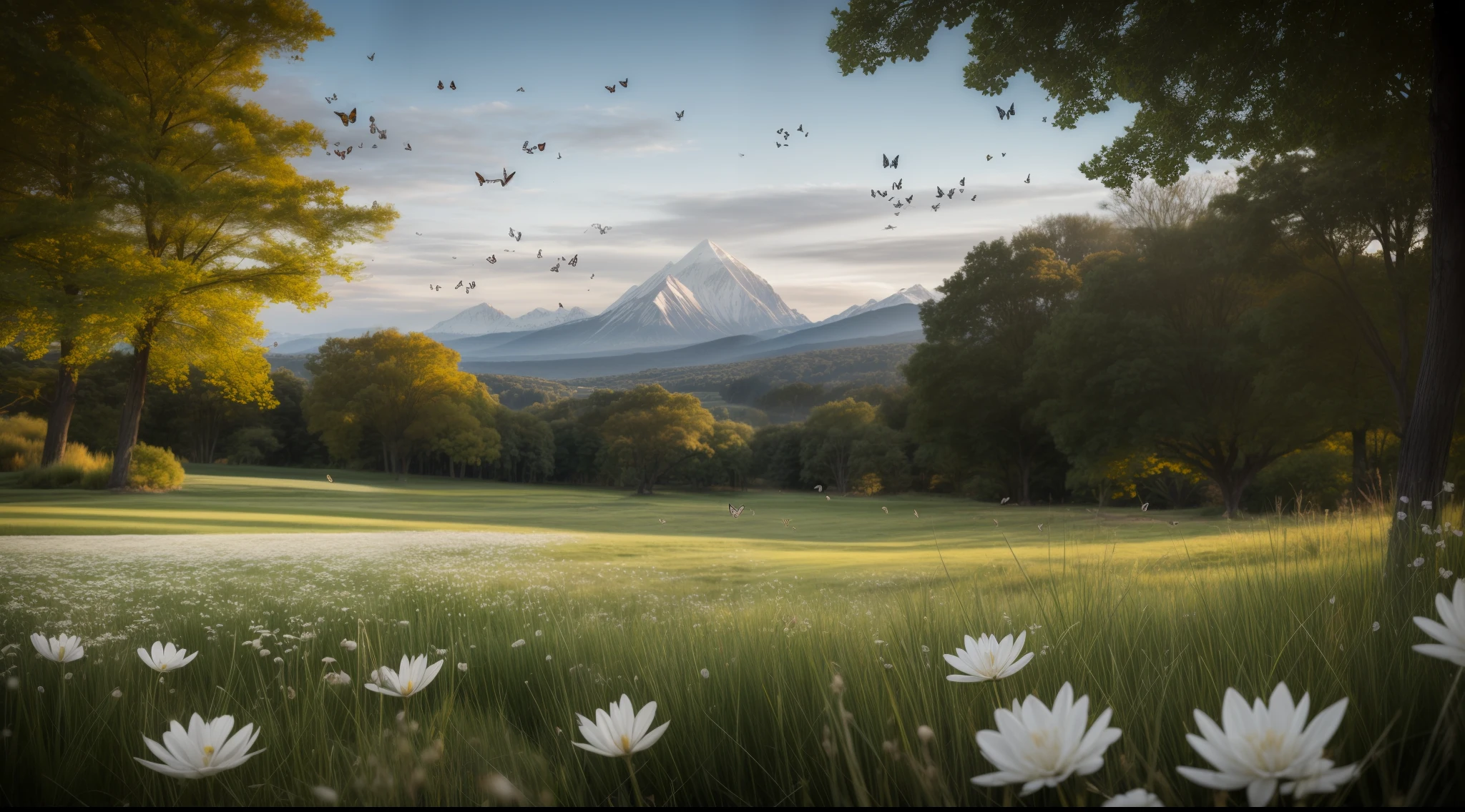 A beautiful landscape filled with grass, soft pink flowers, white flowers, some gentle brush, with giant snow filled mountains in the background, blurred out of focus flowers in the foreground, the subject is a giant beautiful tree of life in the center of the frame with a deer glowing from the sun shining through a small opening of some white clouds, birds flying through the air in the background, butterfly and insects around the foreground, a tiny bit of leaves falling randomly cinematic, cinematic light, soft light, backlit, micro-details, photorealism, photorealistic, 85mm 1.4, shallow depth of field,
