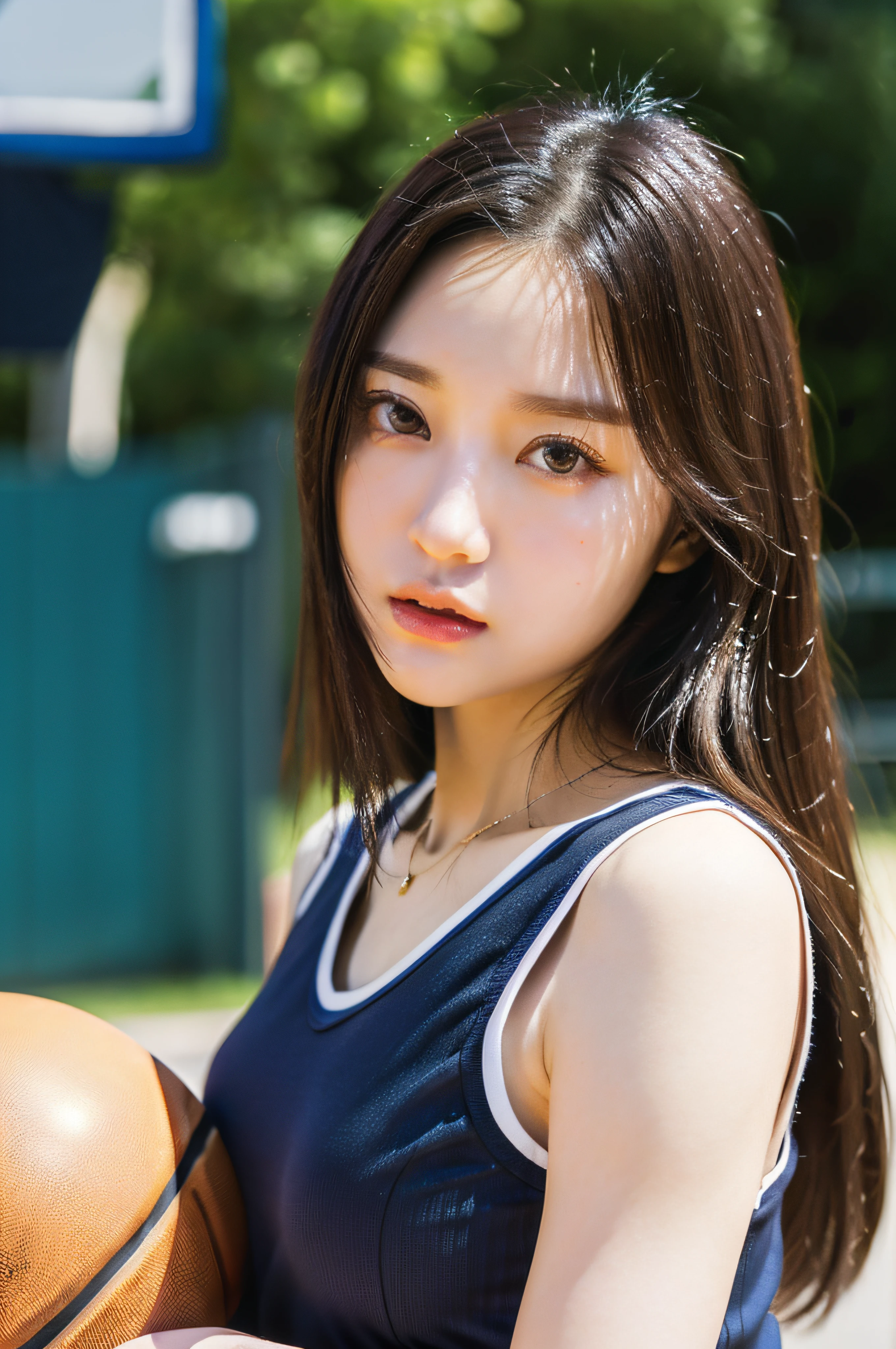 (RAW photo, 4k, masterpiece, high resolution, extremely complex) (realistic: 1.4), cinematic lighting Delicate girl with facial features,
1 Girl, Single Focus, Summer Noon, Hot, 1990s\(Style\), best quality, ultra high res, (((Very detailed face)))), ((Very detailed eyes and face)))), Beautiful detail eyes, (photorealistic:1.4), 1girl, crop-top shirt, necklace, (faded ash gray hair:1), hug breasts:1.2),full body portrait, (Best Quality), (Highres), (An Extremely Delicate and Beautiful),,(Beautiful 8k face),(Brown Eyes),(ulzzang-6500:1.0),(solo),( looking side),(spectators),(huge breasts),(NBA),bent over,,lookside,(side), ,(Basketball sportswear),((Play basketball)),((gymnasium)),((speed)),(reality),
