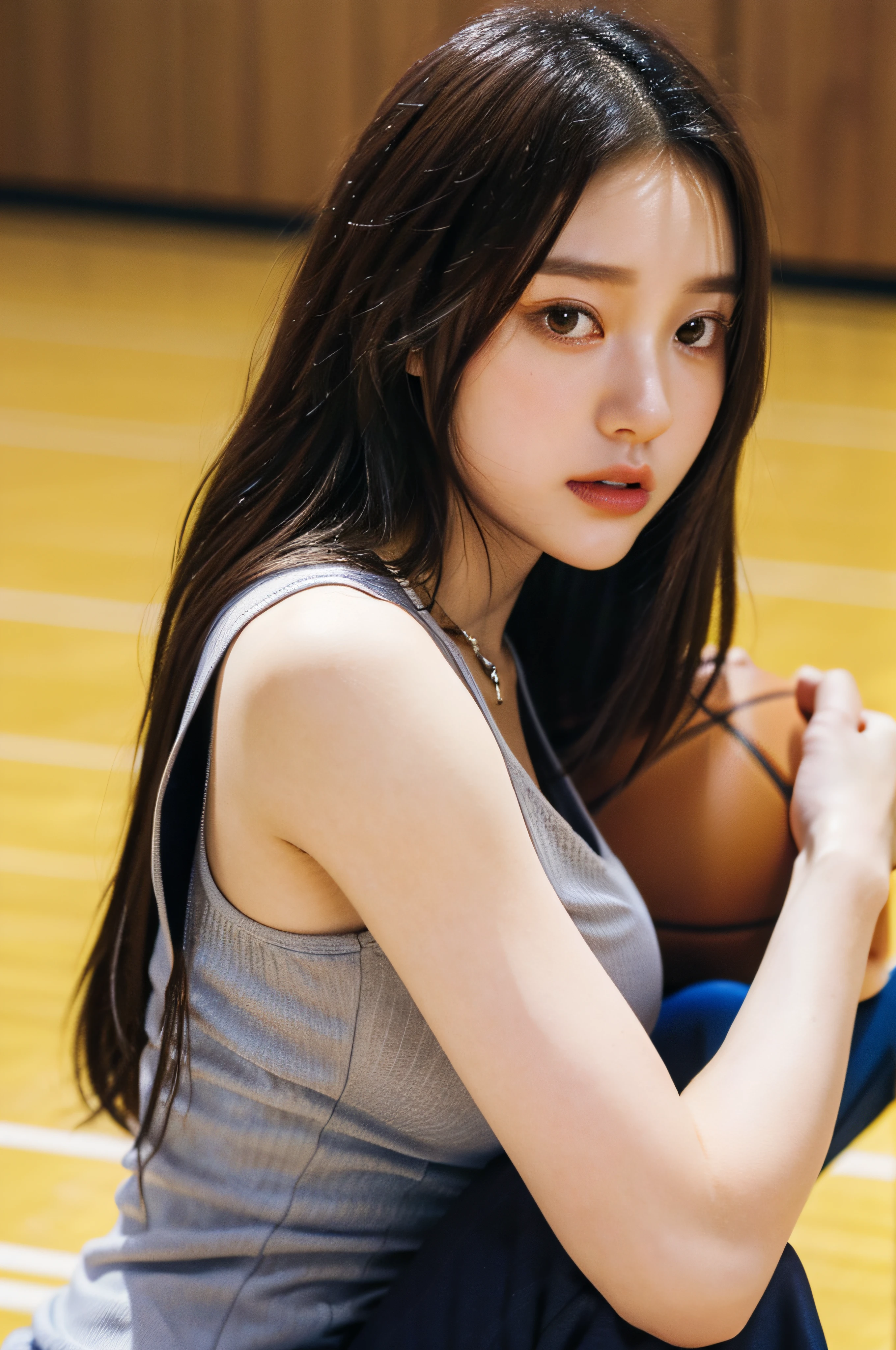 (RAW photo, 4k, masterpiece, high resolution, extremely complex) (realistic: 1.4), cinematic lighting Delicate girl with facial features,
1 Girl, Single Focus, Summer Noon, Hot, 1990s\(Style\), best quality, ultra high res, (((Very detailed face)))), ((Very detailed eyes and face)))), Beautiful detail eyes, (photorealistic:1.4), 1girl, crop-top shirt, necklace, (faded ash gray hair:1), hug breasts:1.2),full body portrait, (Best Quality), (Highres), (An Extremely Delicate and Beautiful),,(Beautiful 8k face),(Brown Eyes),(ulzzang-6500:1.0),(solo),( looking side),(spectators),(huge breasts),(NBA),bent over,,lookside,(side), ,(Basketball sportswear),((Play basketball)),((gymnasium)),((speed)),(reality),