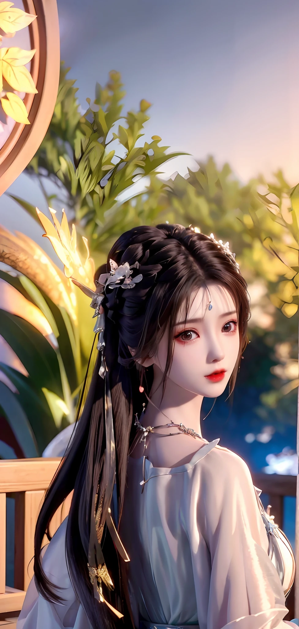 [:( High Detail Face:1.2):0.1], (8k, RAW photo, best quality, mastery:1.2), (realistic, photo-realistic:1.37), (((back))),((upper body)), best quality, HDR, cinematic lighting, natural lighting, best quality, masterpiece, high resolution, 1girl, supple, hair accessory, necklace, jewelry, beautiful face, body, Tyndall effect, realism,, edge lighting, duotone lighting, 8k uhd, DSLR, soft light, high quality, volumetric lighting, photo, high resolution, 4k, 8k, bokeh, ((Hanfu)),