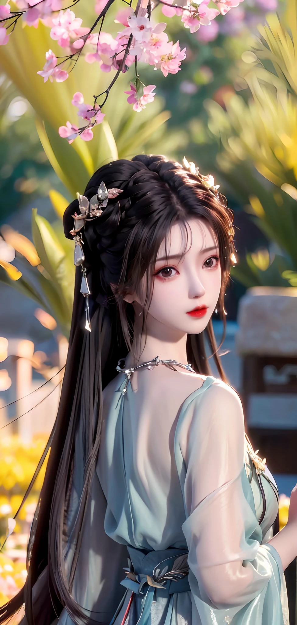 [:( High Detail Face:1.2):0.1], (8k, RAW photo, best quality, mastery:1.2), (realistic, photo-realistic:1.37), (((back))),((upper body)), best quality, HDR, cinematic lighting, natural lighting, best quality, masterpiece, high resolution, 1girl, supple, hair accessory, necklace, jewelry, beautiful face, body, Tyndall effect, realism,, edge lighting, duotone lighting, 8k uhd, DSLR, soft light, high quality, volumetric lighting, photo, high resolution, 4k, 8k, bokeh, ((Hanfu)),