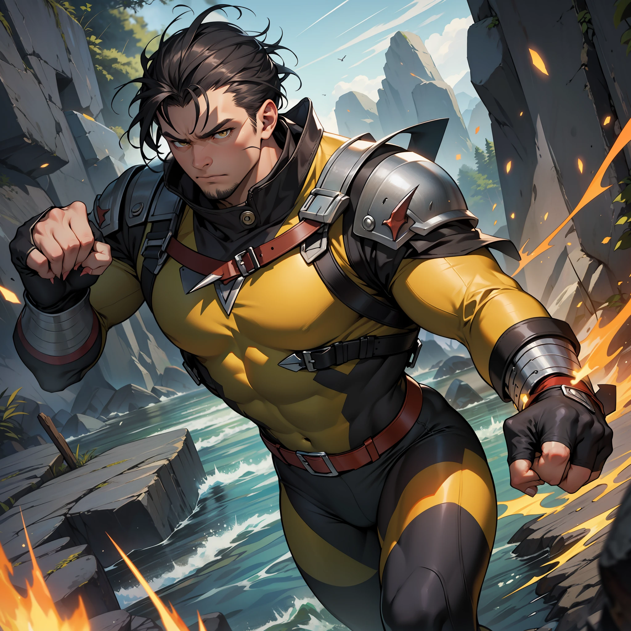 the best picture quality、A Masterpiece、ultra-high-res、(fidelity:1.4)、photos、dim、A dark、despairing、poor、Cinematic、Strong man in yellow tights、Very sharp claws extend from three fists、Beastly action pose、Shore walls、Rock Mountain、Like a Hero