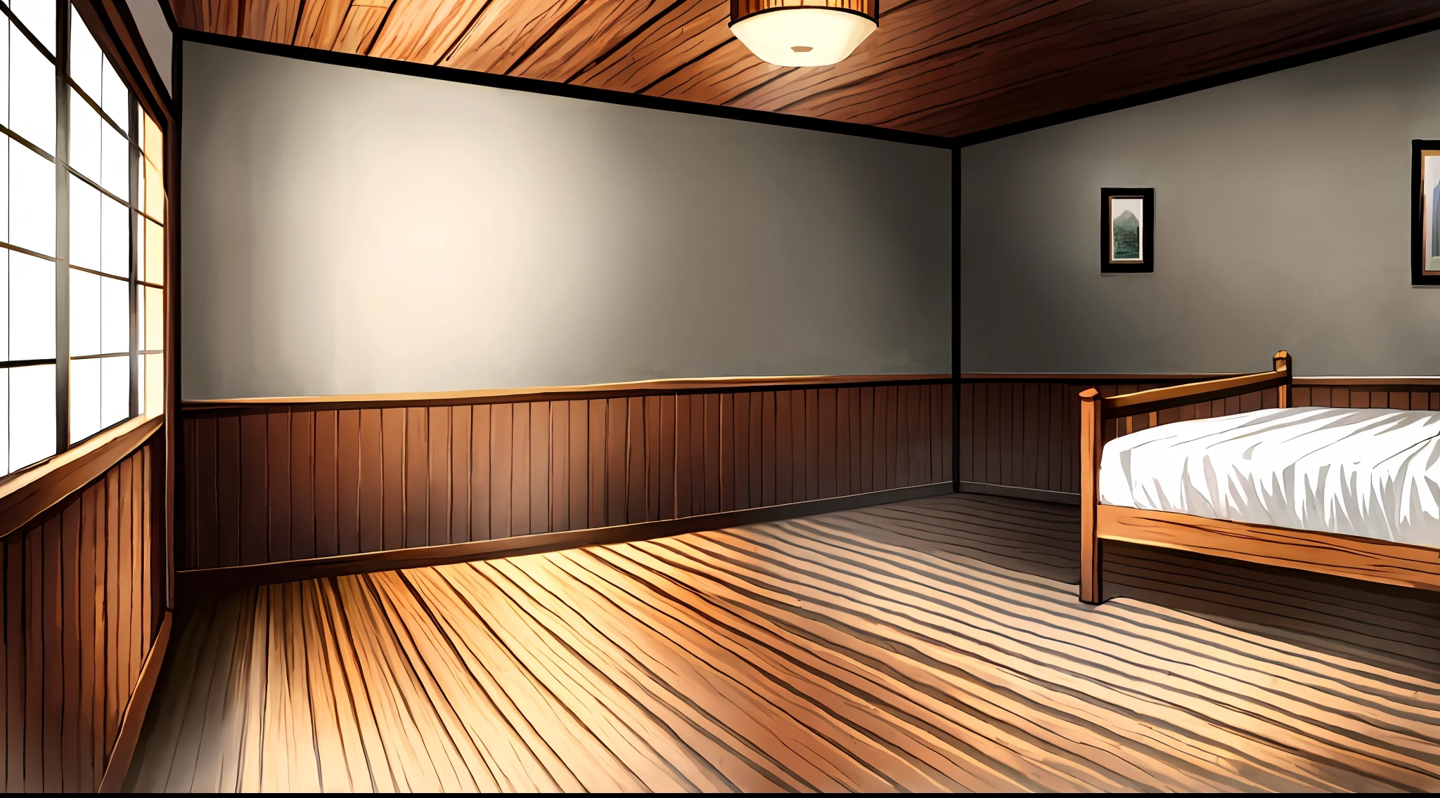 "(Create a stunning Anime artwork showcasing flawless quality) Paint a simple room built with a wooden wall , floor and ceiling, medieval theme, a brown colour palette."