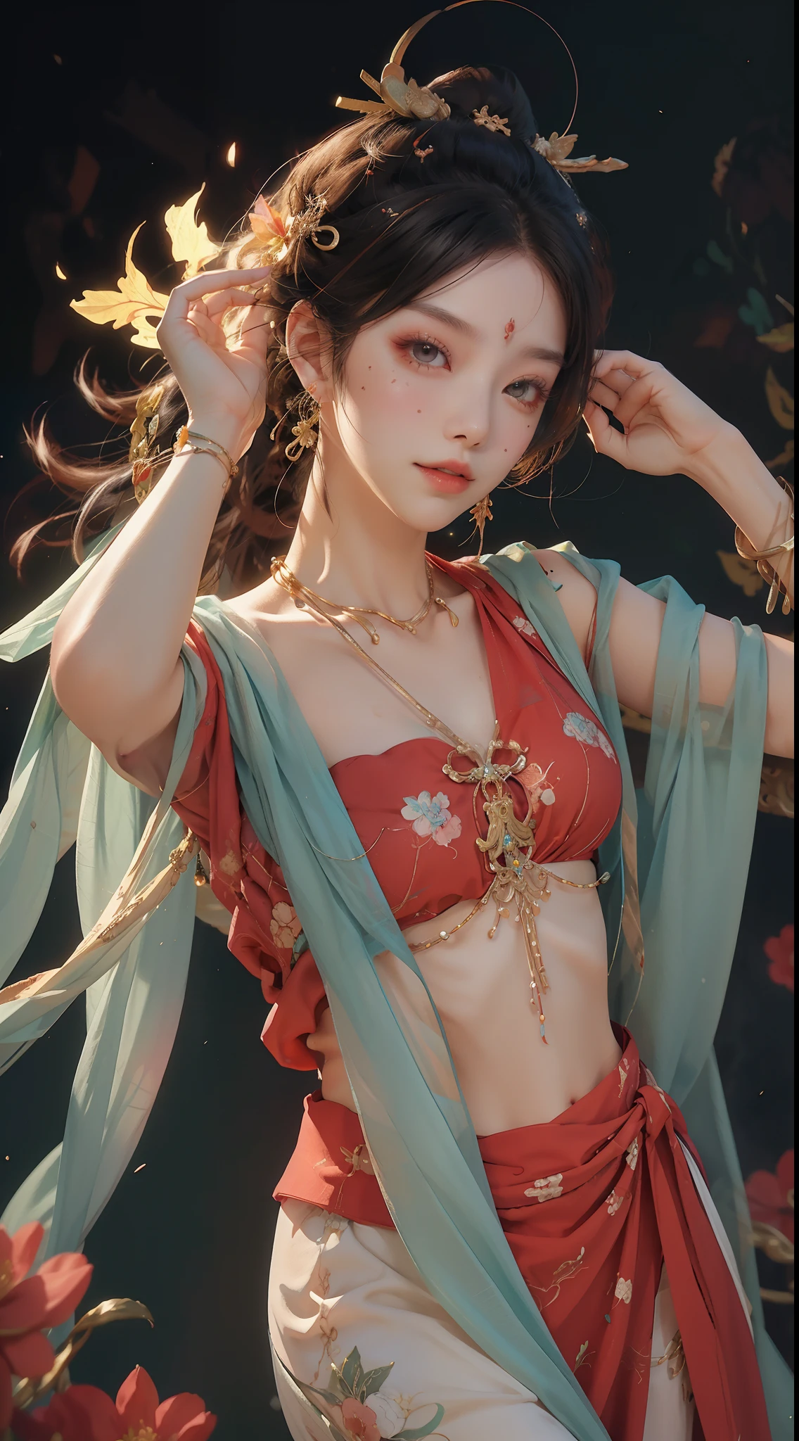 Stroke Hua， 1女孩， solo， Hanfu， ancient_chinese_architecture， Flower field， blossoms， （White：1.3） （lifelike：1.4）， Zen entanglement， a Mandala， Entanglement， offical arts， Unity 8k wallpaper， ultra- detailed， Beautiful and beautiful， A Masterpiece， bestbestquality， （dynamicangle：1.4）， Glowing skin，upturned eyes, mole under eye, pupils sparkling, light smile，（Floating colorful flashes：1）The most beautiful form of chaos，elegence，a brutalist designed，Vibrant Colors，Romantic depth of field exotic_dance