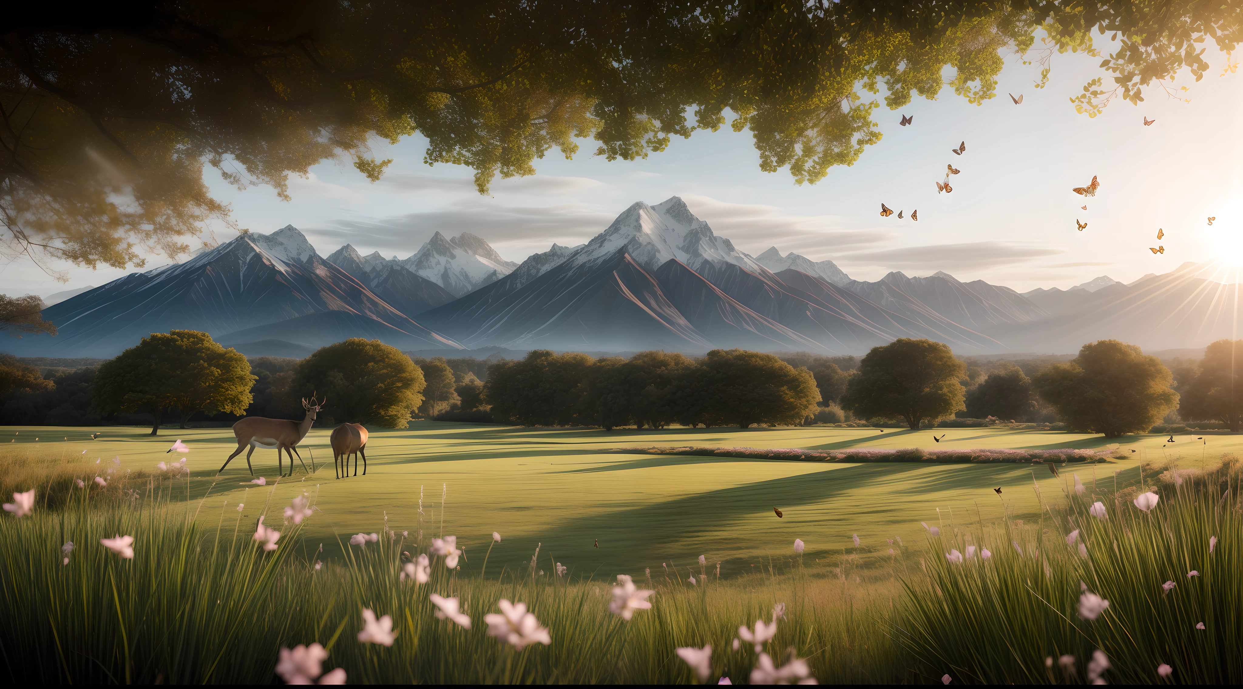 A beautiful landscape filled with grass, soft pink flowers, white flowers, some gentle brush, with giant snow filled mountains in the background, blurred out of focus flowers in the foreground, the subject is a giant beautiful tree of life in the center of the frame with a deer glowing from the sun shining through a small opening of some white clouds, birds flying through the air in the background, butterfly and insects around the foreground, a tiny bit of leaves falling randomly cinematic, cinematic light, soft light, backlit, micro-details, photorealism, photorealistic, 85mm 1.4, shallow depth of field,