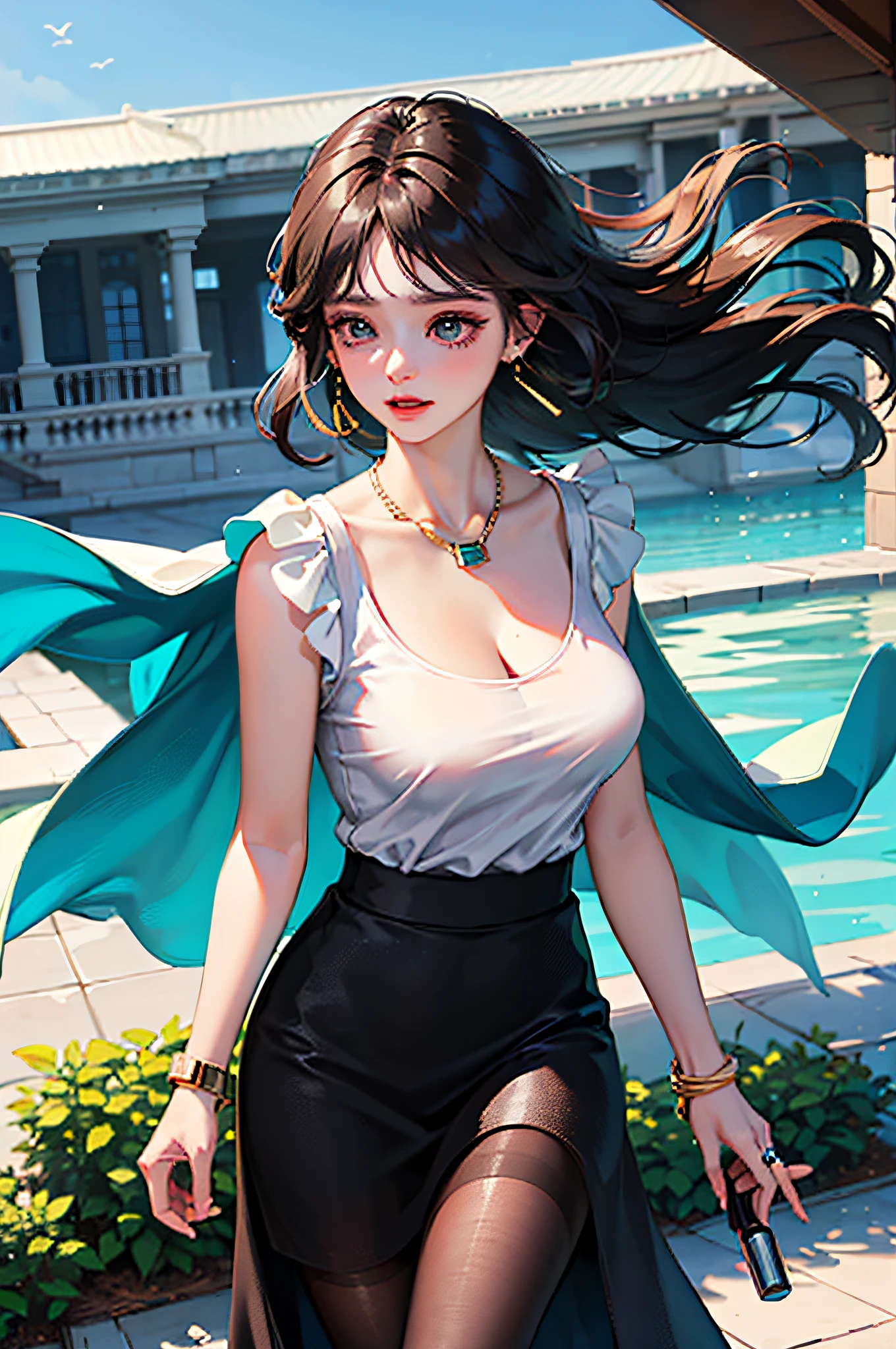 (bestbestquality,8K,A Masterpiece),(A pretty maiden,with long black hair,Long messy hair,curly hair,huge eyes:1.3,Long eyelashes,Delicate makeup:1.4,Sexy lips,Blushlush),(Exquisite watches,Reflective necklace,Bulgari's earrings,Bulgari's ring),(In the hotel,Capture,Sit,Sit on a stool,Look at the laptop),(Fashionable outfits,dressed in a white t shirt),(middle breasts,endure),(Black oily transparent pantyhose),(Black hip skirt),Light ripe,Royal sister,Optimal light,best shadow,Cinematic Lights,28 years old,1女孩,Need,(realskin,Supple skin)raytracing,Unreal Engine 5,Reflective skin,Digital illustration,Game CG characters,Supermodel,(kpop,idol),(Body edge lighting,Colored light sources are around),There is wind blowing hair,Looking into the distance,