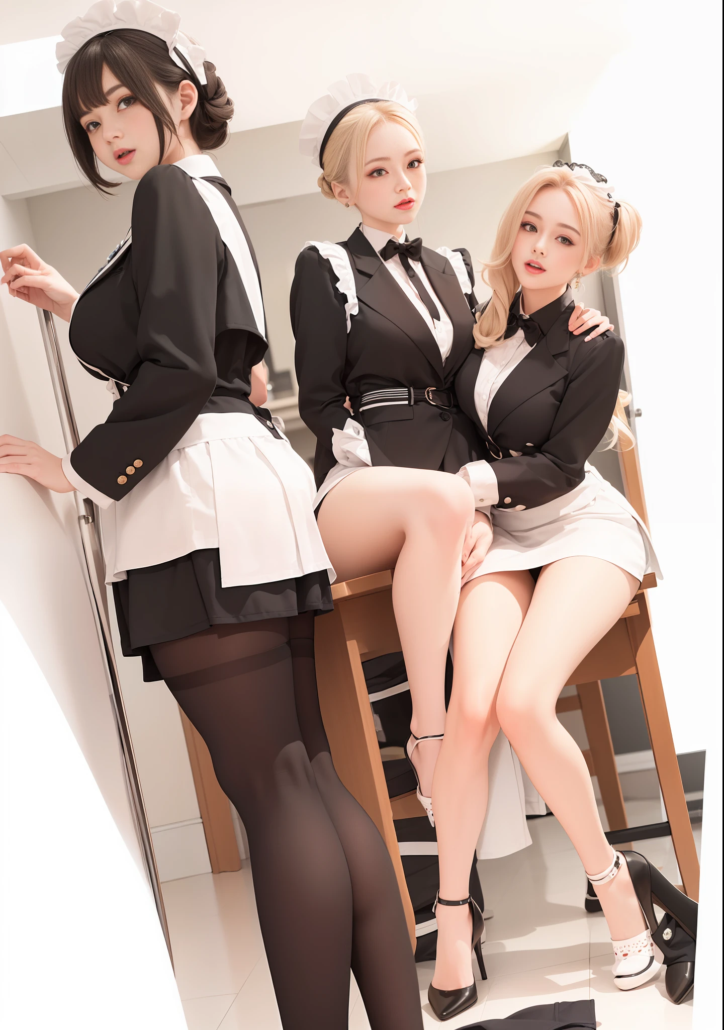 three women in maid uniforms are sitting on a ledge, detalhes finos. ******s da linha de frente, anime maid ss military, Ecchi, de ******s da linha de frente, Anime Maids montando tanques antigos, Coxas!!!, thicc, roupa de empregada, estilo anime Ecchi, ******s estilo linha de frente, vestindo uniforme de empregada, Estilo Ecchi, maid, Popular em Pixiv
((8k, fotos RAW, qualidade superior, obras-primas), RAW color photos high definition professional close-up photos, (realista, fotorrealismo: 1.37), (mais alta qualidade), (melhores sombras), (best illustrations), Clavicles ((grande)), ((erotic, sexy, ultra high res, Unified high definition CG 8K wallpapers, Physically based rendering, film lighting), (aegyo sal:1), ****** de 18 anos, (blazer cinza, fita, meias, high school uniform: 1.2), high school classroom,  belos olhos de detalhe, luz no rosto, ((foto de corpo inteiro: 1.2)), luz especialmente forte, (olhos superiores, sorriso sorridente: 1.2), pele brilhante, (((cabelo preto, cabelo bob: 1.2))), (coxas grossas), ulzzang-6500-v1.1:0.2, shy, (flash: 1.2), NSFW , (inchado), ((postura sedutora: 1.2, atraente: 1.2)), (ocioso), (sentado em uma mesa na sala de aula: 1.2)), ((boa anatomia: 1.2)), ((sala de aula brilhante e refrescante, fundo borrado:  1.2)), rosto perfeito, rosto bonito, (High angle shooting: 1.2)