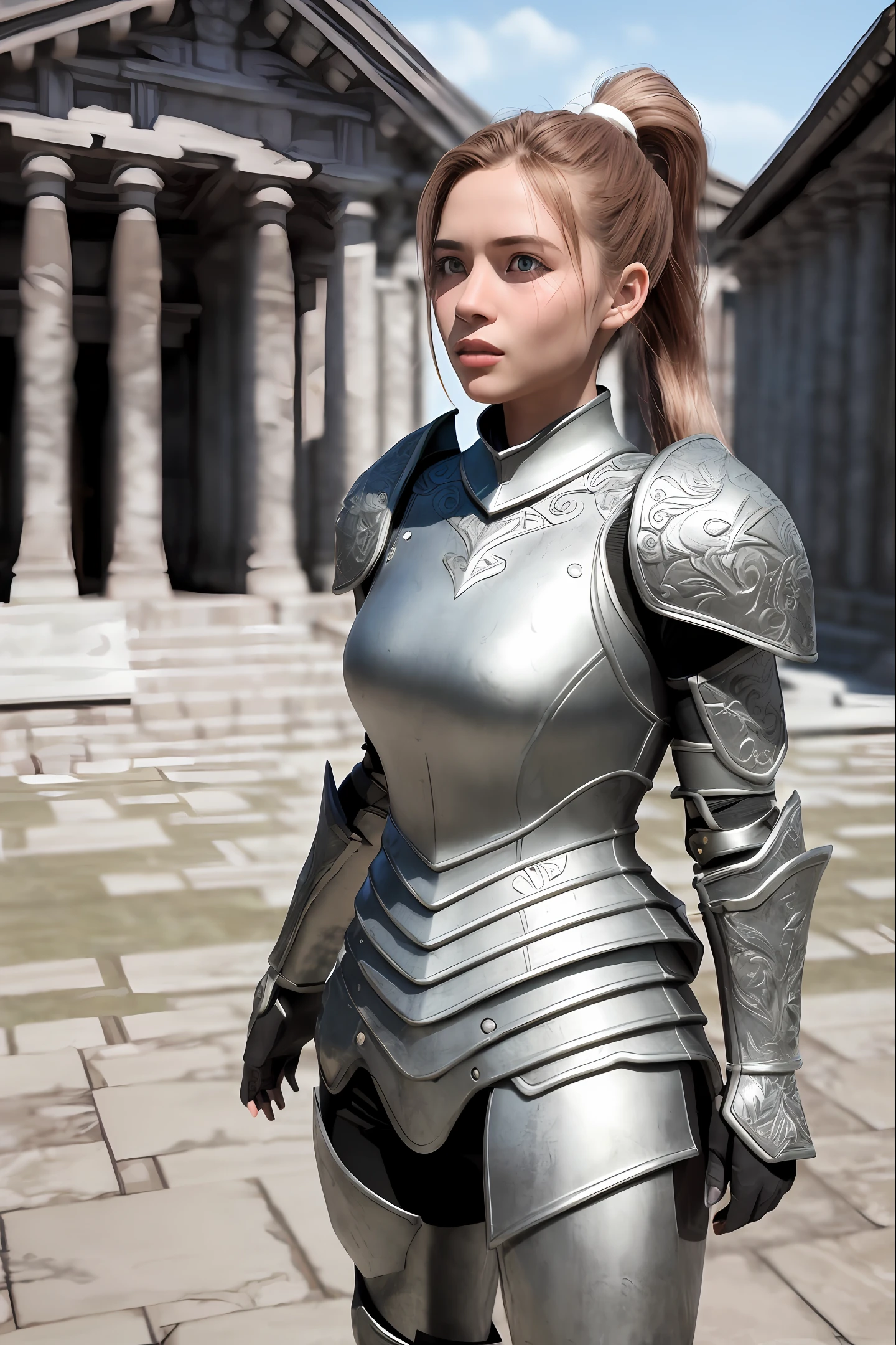 (8K, best quality:1.2), (masterpiece:1.37), (photo, photorealistic:1.37), (ultrahigh-res), full body, walking pose, shot from front, slow motion, female paladin wearing the full body, (light silver armour:1.2),(ornately decorated armor), (insanely detailed, bloom:1.5), (highest quality, Alessandro Casagrande, Greg Rutkowski, Sally Mann, concept art, 4k), (analog:1.2), (high sharpness), (detailed pupils:1.1), detailed face and eyes, Masterpiece, best quality, (highly detailed photo:1.1), (long blonde Hair, ponytail,ecstatic:1.1), (young woman:1.1), sharp, (perfect body:1.1), realistic, real shadow, 3d, (temple background:1.2), (by Michelangelo), photographed by Canan EOS R6, 135mm, 1/1250s, f/2.8, ISO 400
