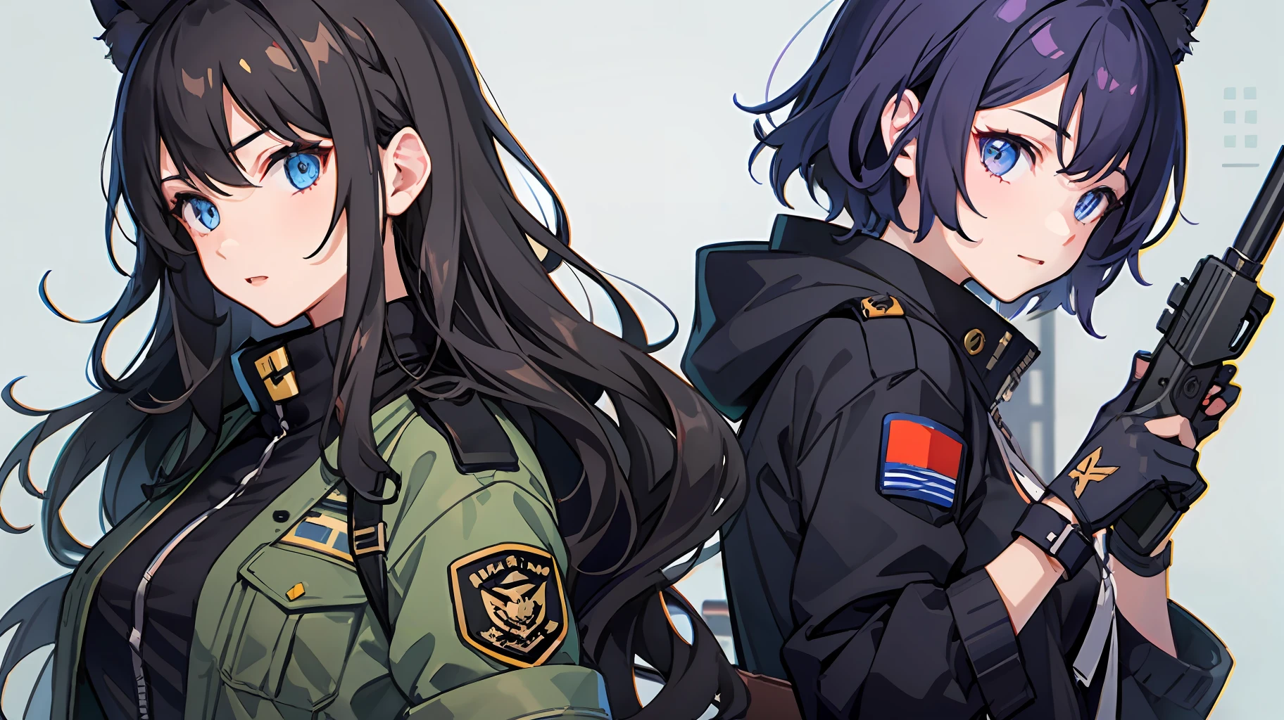 2 girls、 {{Master peace}}, short wavy hair, navy hair, black cat ear, Blue eyes,military outfit、With a gun、discord、{{Master peace}}, {{{maximum quality}}}, {{ultra- detailed}}, {{illustration}}, short hair,Purple eyes,Black hair,military outfit、With a gun、discord、Battlefield Background