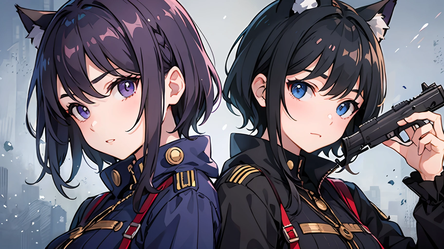 2 girls、 {{Master peace}}, short wavy hair, navy hair, black cat ear, Blue eyes,military outfit、With a gun、discord、{{Master peace}}, {{{maximum quality}}}, {{ultra- detailed}}, {{illustration}}, short hair,Purple eyes,Black hair,military outfit、With a gun、discord、Battlefield Background