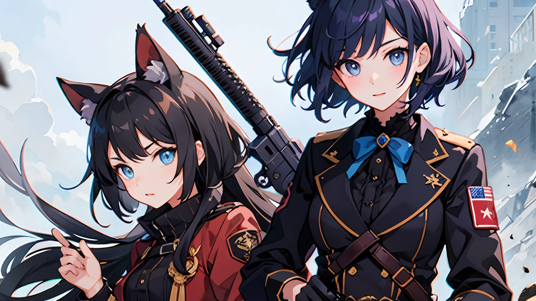 2 girls、 {{Master peace}}, short wavy hair, navy hair, black cat ear, Blue eyes,military outfit、With a gun、discord、{{Master peace}}, {{{maximum quality}}}, {{ultra- detailed}}, {{illustration}}, short hair,Purple eyes,Black hair,military outfit、With a gun、discord、Battlefield Background