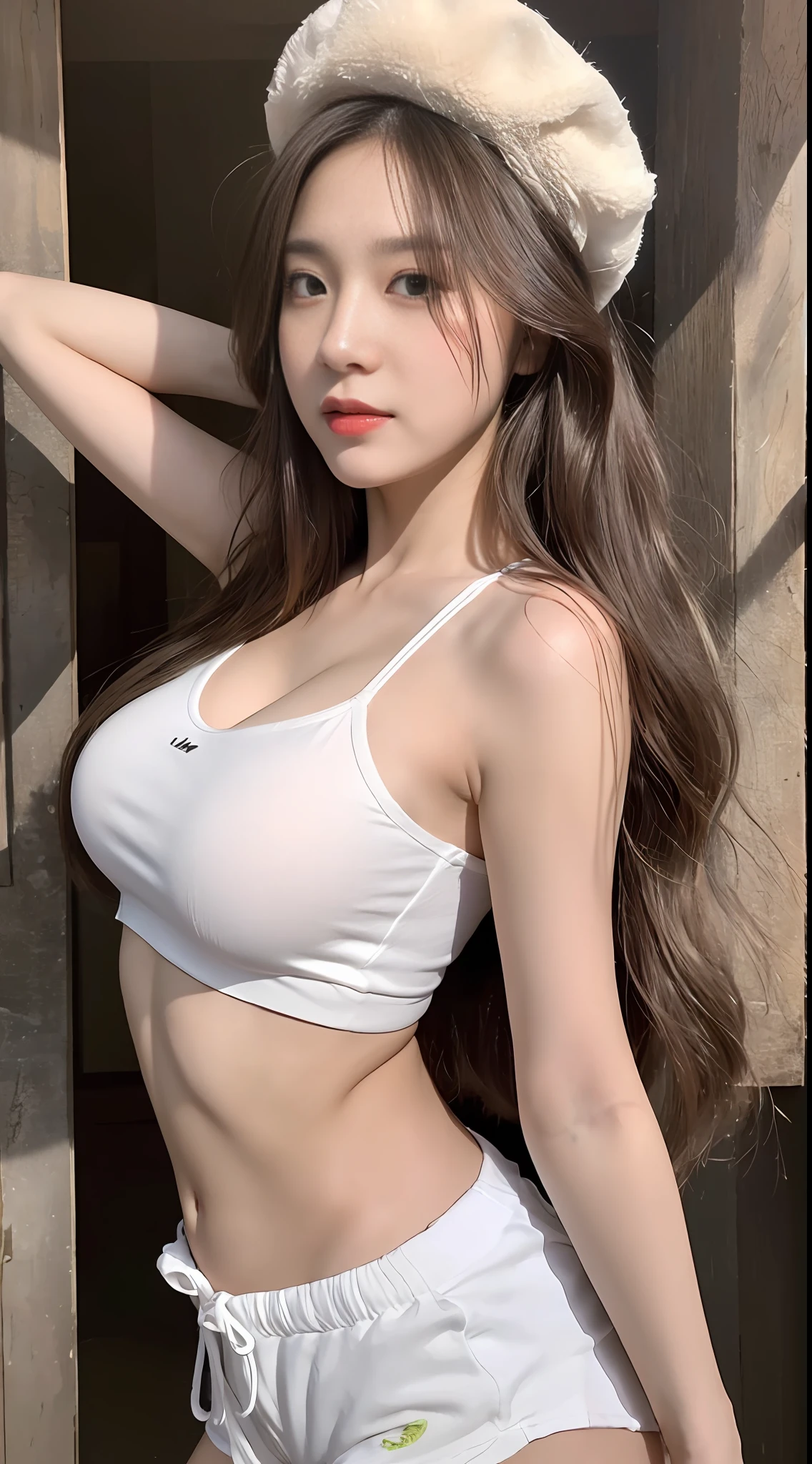 ((Best Quality, 8K, Masterpiece: 1.3)), (Flower Cap: 1.3), Focus: 1.2, Perfect Body Beauty: 1.4, Buttocks: 1.2, (Layered Haircut: 1.2)), (Dark Street: 1.3), Highly Detailed Face and Skin Texture, Full Body, Delicate Eyes, Double Eyelids, Whitened Skin, Long Hair, (Round Face: 1.5), (Loose Crop Top, Shorts: 1.6)