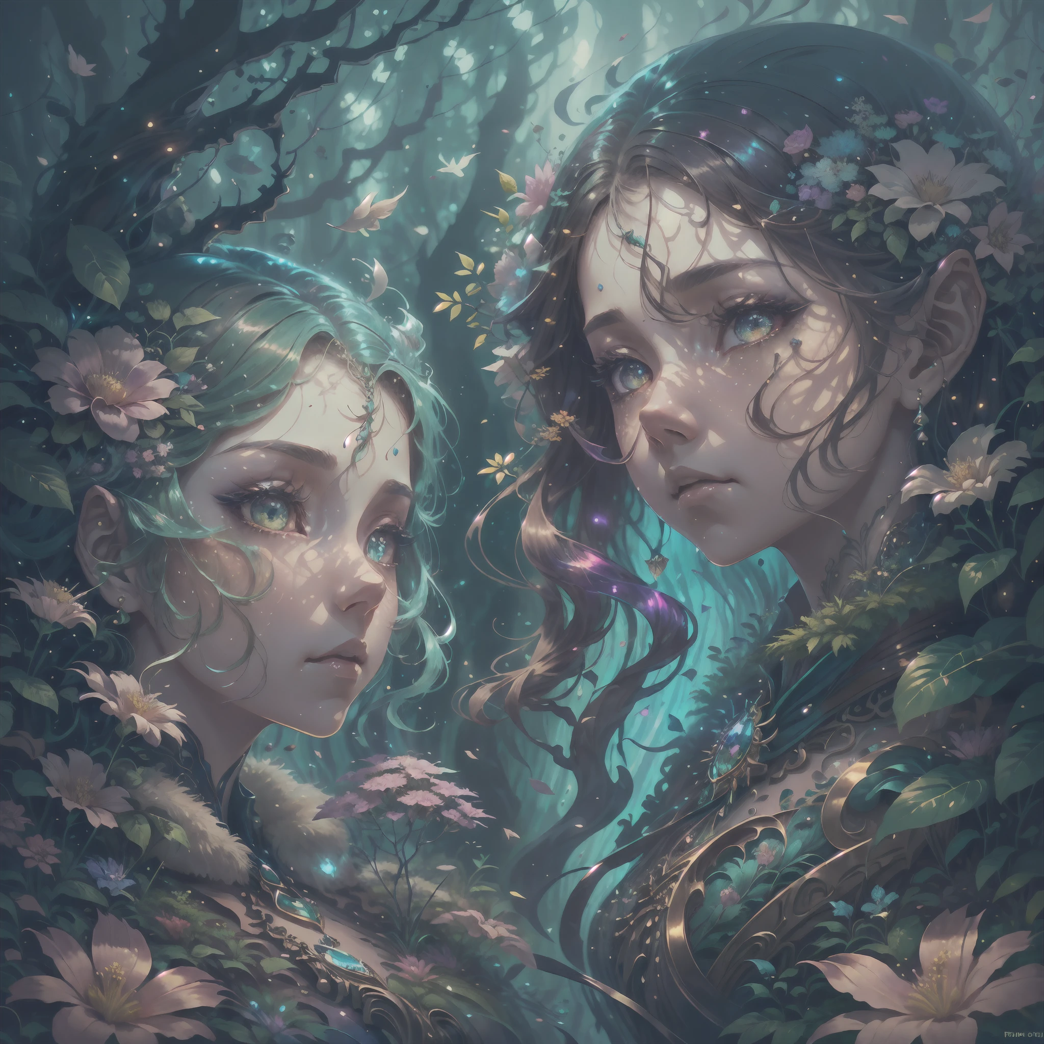 generate a petite female forest spirit ((created in the style of Ruan Jia artstation)). The woman should have a beautifully detailed face and eyes with realistic shading and realistic details. Her mouth should be wide, her lips should be full and soft, and her face should look mature and middle-aged. She should be in an enchanting, whimsical, and lush vegetation (created in the style of Hayao Miyazaki). include ethereal glow, mystical creatures, vibrant colors, dreamlike atmosphere, realism. wideshot showing landscape. include phantasmal iridescence and fantasy details, bumps, ornate. include beautiful colorful flowers multicolored