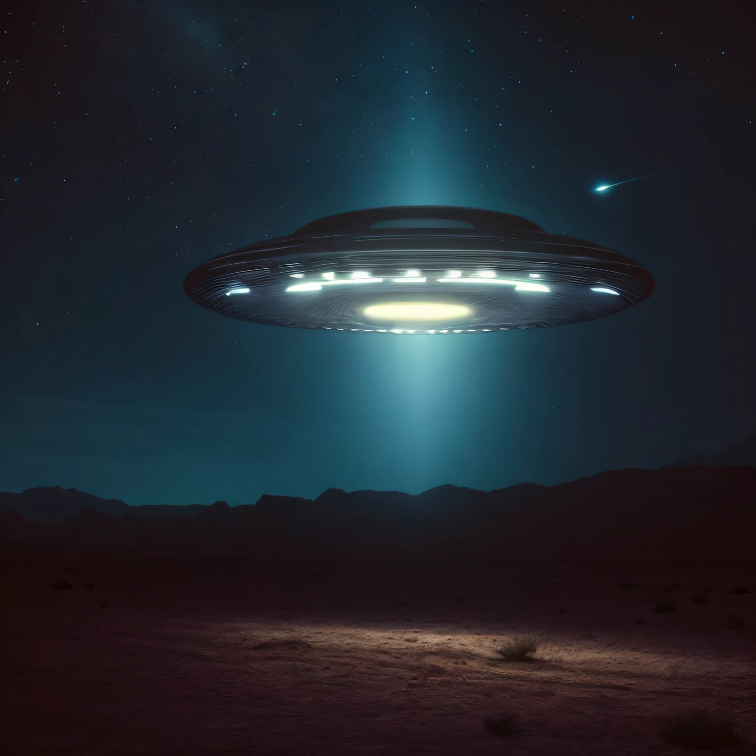 "Flying saucer hovering in the desert in 8K resolution."