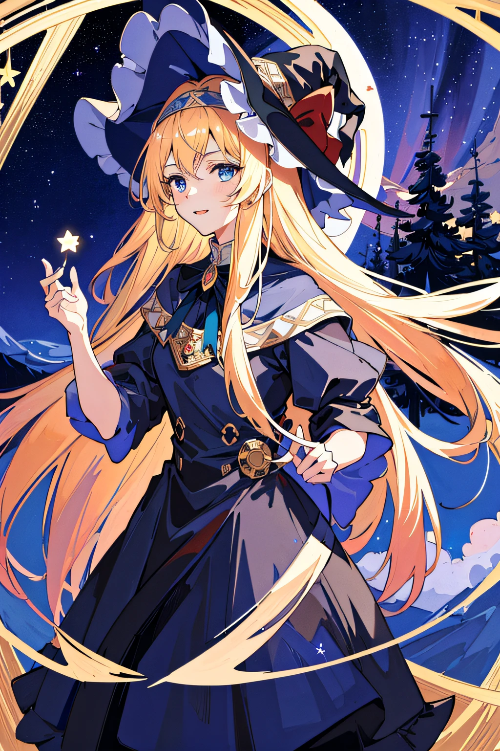 ((masterpiece:1.2, best quality)), 1girl, solo, (witch hat), blonde hair, long hair, dress, aurora, night, star (sky), gloves, sky, white dress, night sky, open mouth, starry sky, blue eyes, ribbon, very long hair, red dress, smile, hair ribbon, cape, blue hair, (bird), magic, casting spell, dark clouds, night, (impressionism:1.4), (tarot:1.3), alphonse mucha,