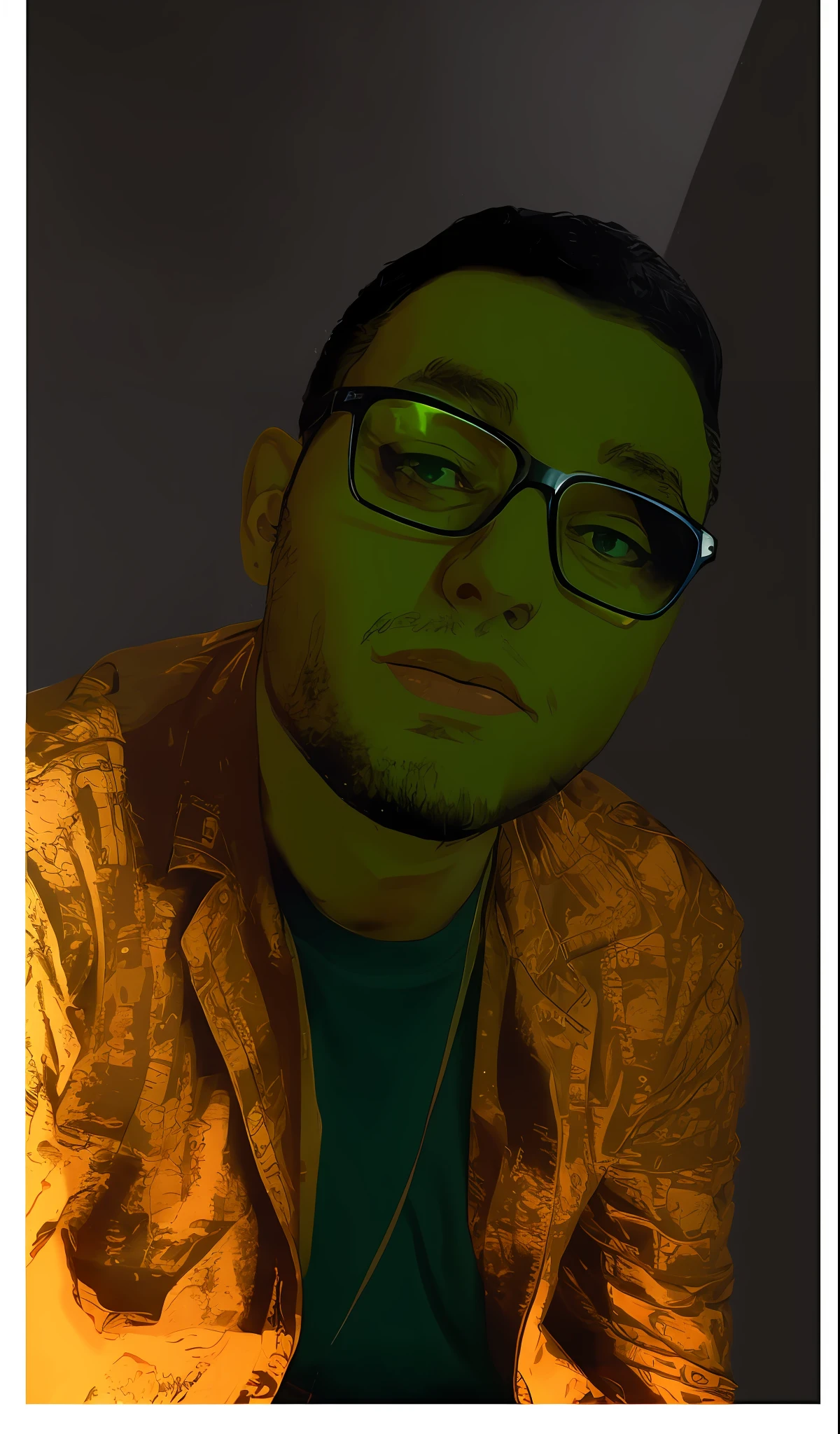 There is a man wearing glasses and a green shirt, ultra realistic anime