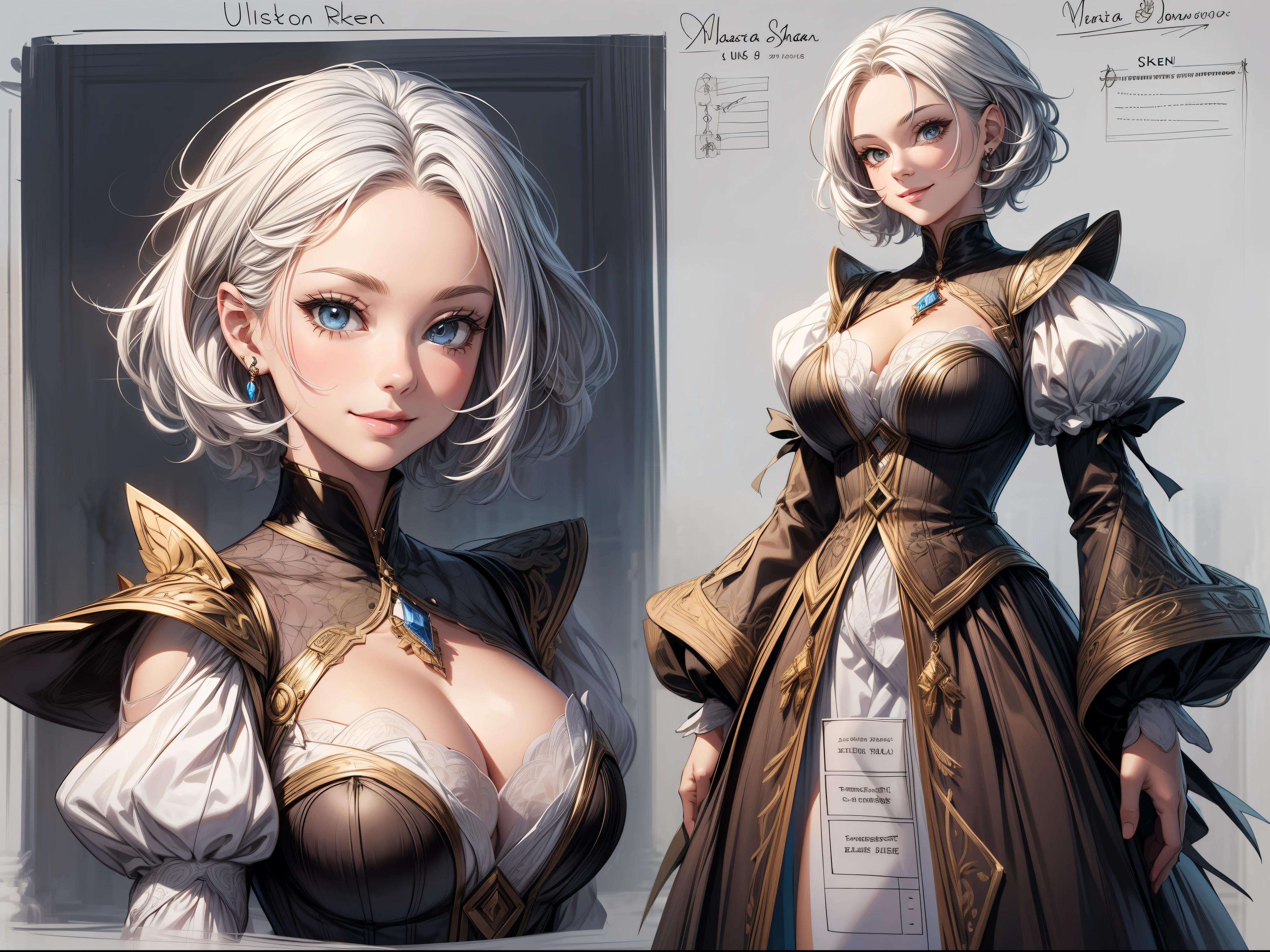 (masterpiece), ultra detailed, 8k, ((A character sheet:1.4)) or reference sketch of a a beauty gal girl, with colorful dress, she has short hair, and she smiling, with white hair, ultra realistic and sharp detail and intricate, intricate details, and style, simple background
illustration,