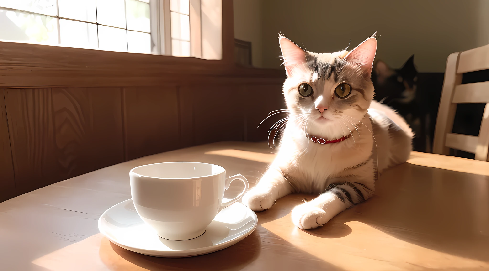 Cat, (Himalayan), (Small)))), in a teacup, Face, Front paws out, 8K, Professional photo, Delicate, Clear, On the table, Inside the house, Sunshine, Light Leak, Masterpiece, ((Pretty))), Fashionable Teacup, (Reality), Plush Toy, Round Pupils