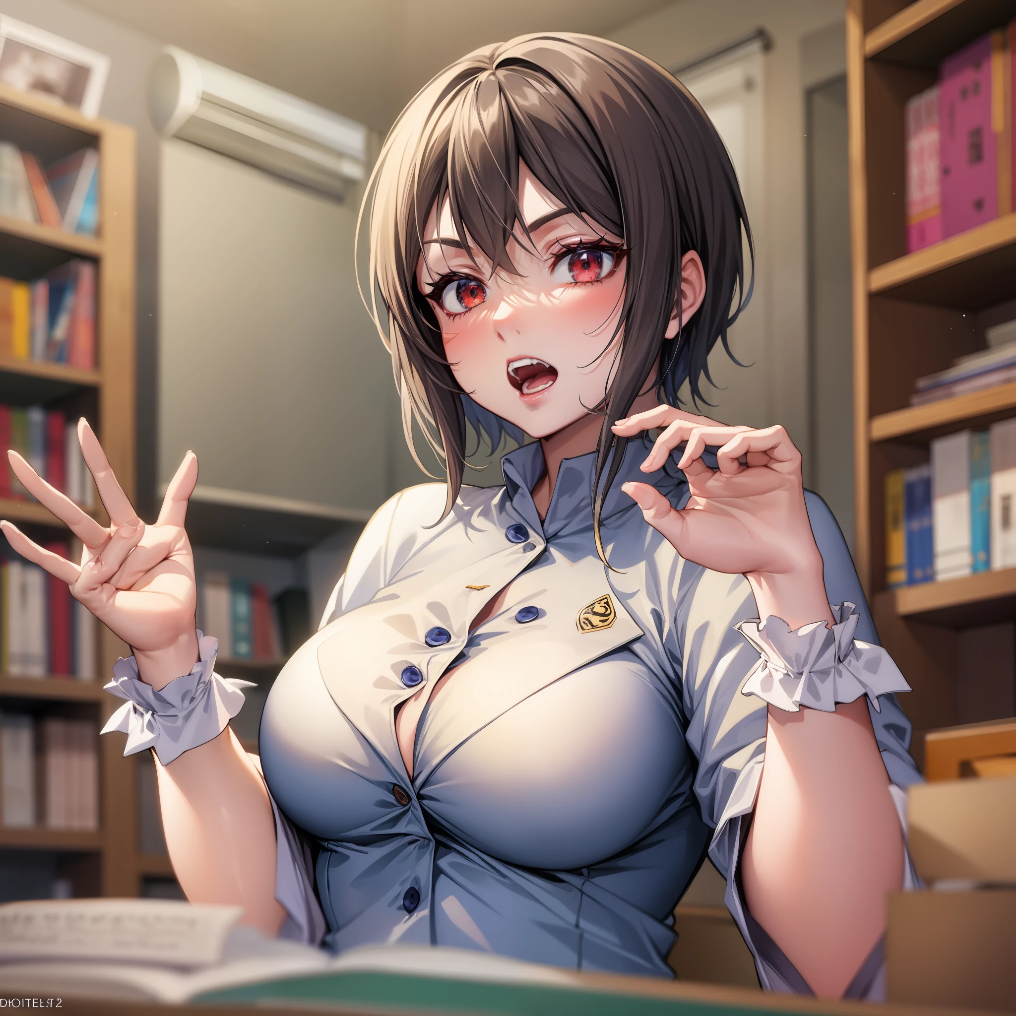 1 garota, pele branca e delicada, roupa de escola, sentada de forma sexy, decote, five fingers on each hand, detailed hands, sentada em uma biblioteca., raised eyebrows, open mouth, anime, modern, ray tracing, cropped, close-up, f/1.2, UHD, high details, 4K