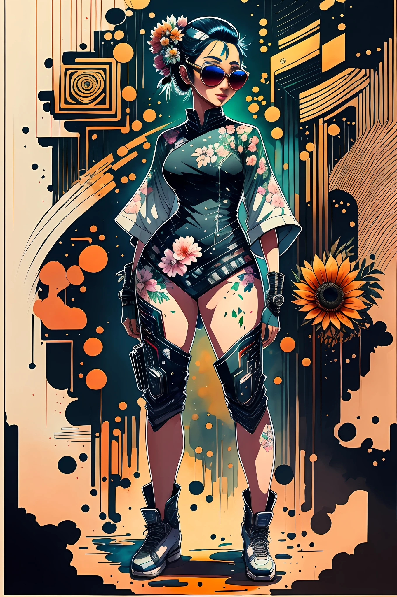 "Full body, water colors, ink drawing, beautiful cyberpunk Indonesian woman, wearing smart digital sunglasses, Indonesian floral background, in the style of Indonesian Culture Art