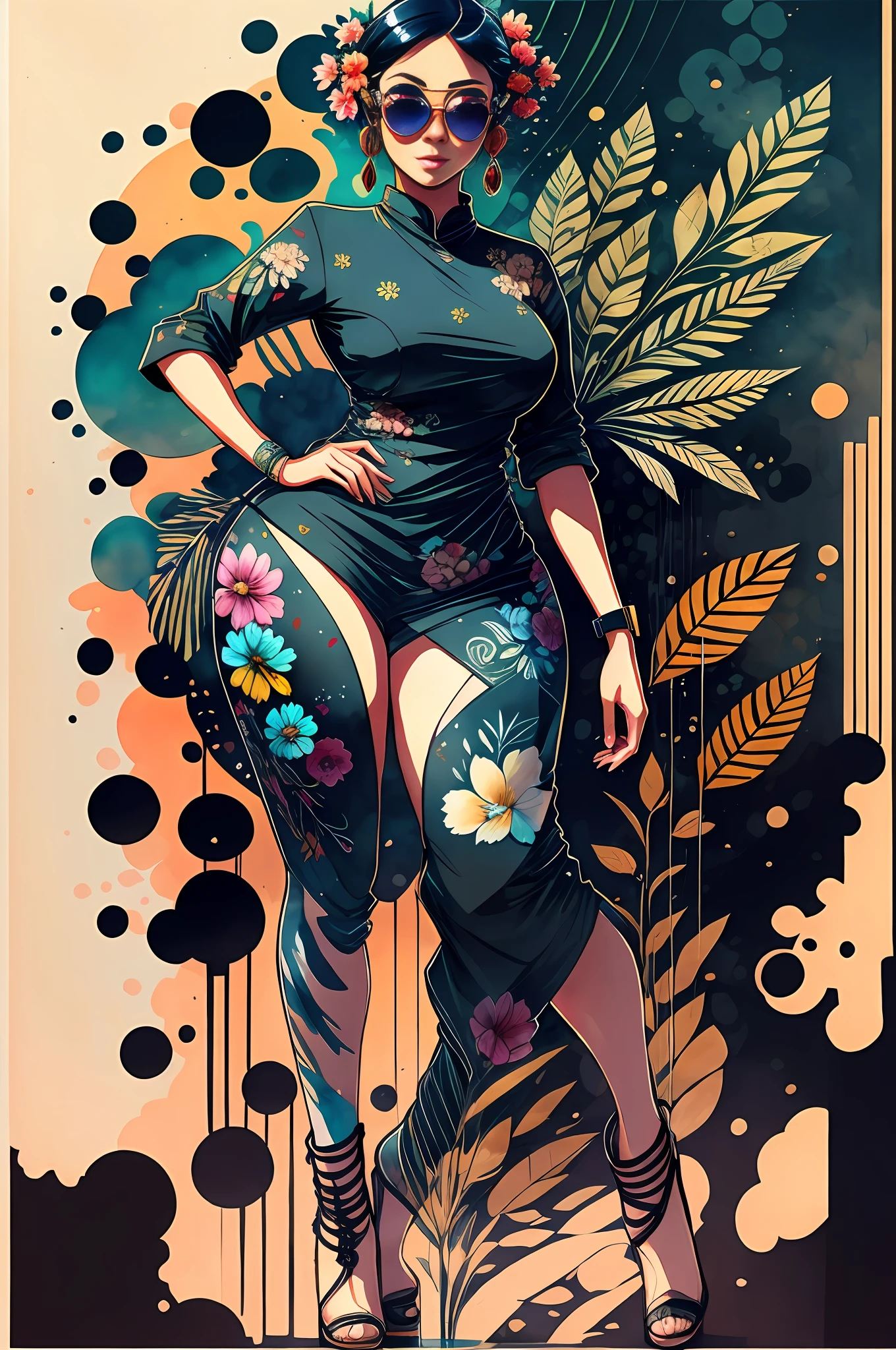"Full body, water colors, ink drawing, beautiful cyberpunk Indonesian woman, wearing smart digital sunglasses, Indonesian floral background, in the style of Indonesian Culture Art
