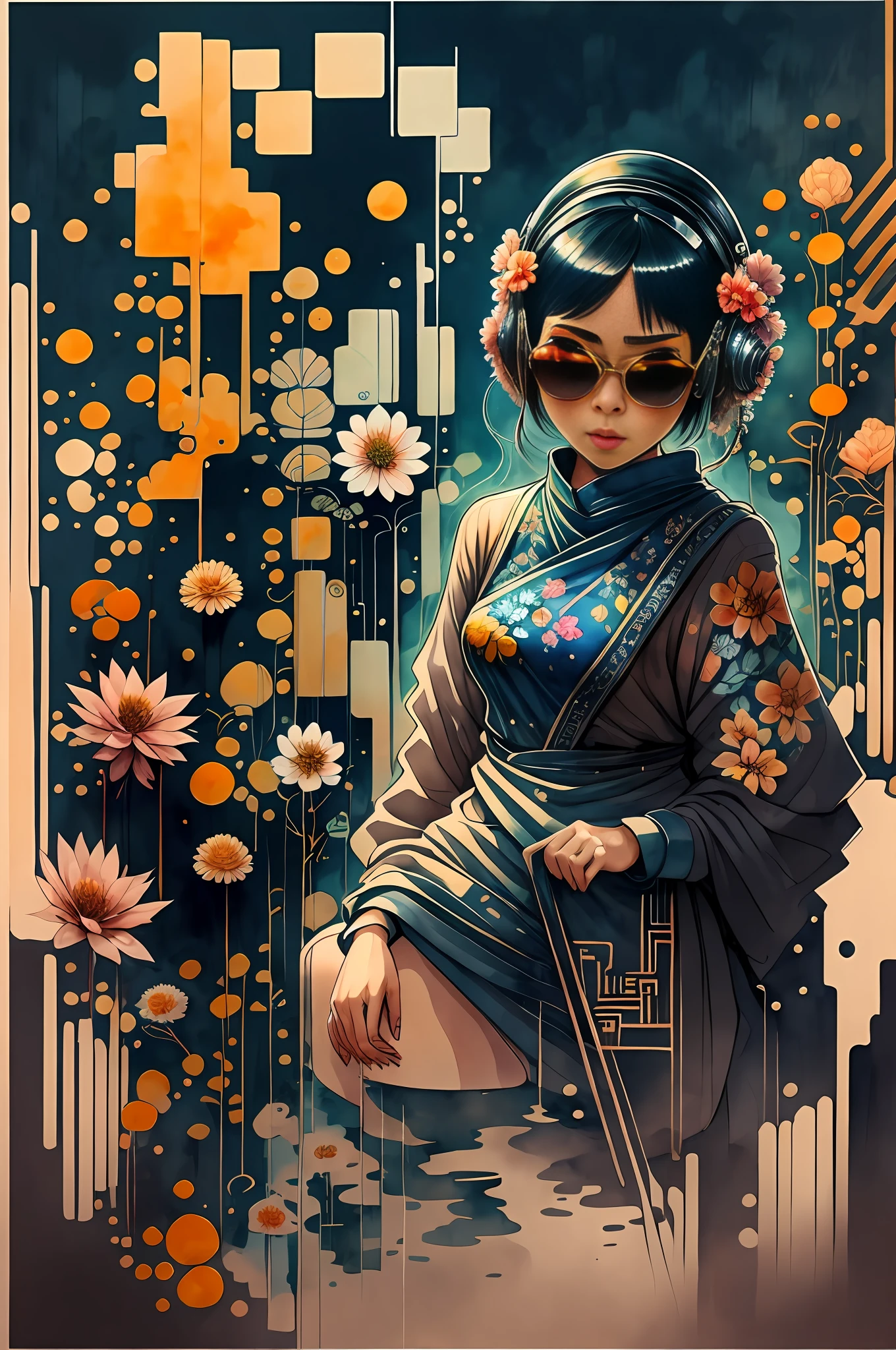 "Full body, water colors, ink drawing, beautiful cyberpunk Indonesian woman, wearing smart digital sunglasses, Indonesian floral background, in the style of Indonesian Culture Art
