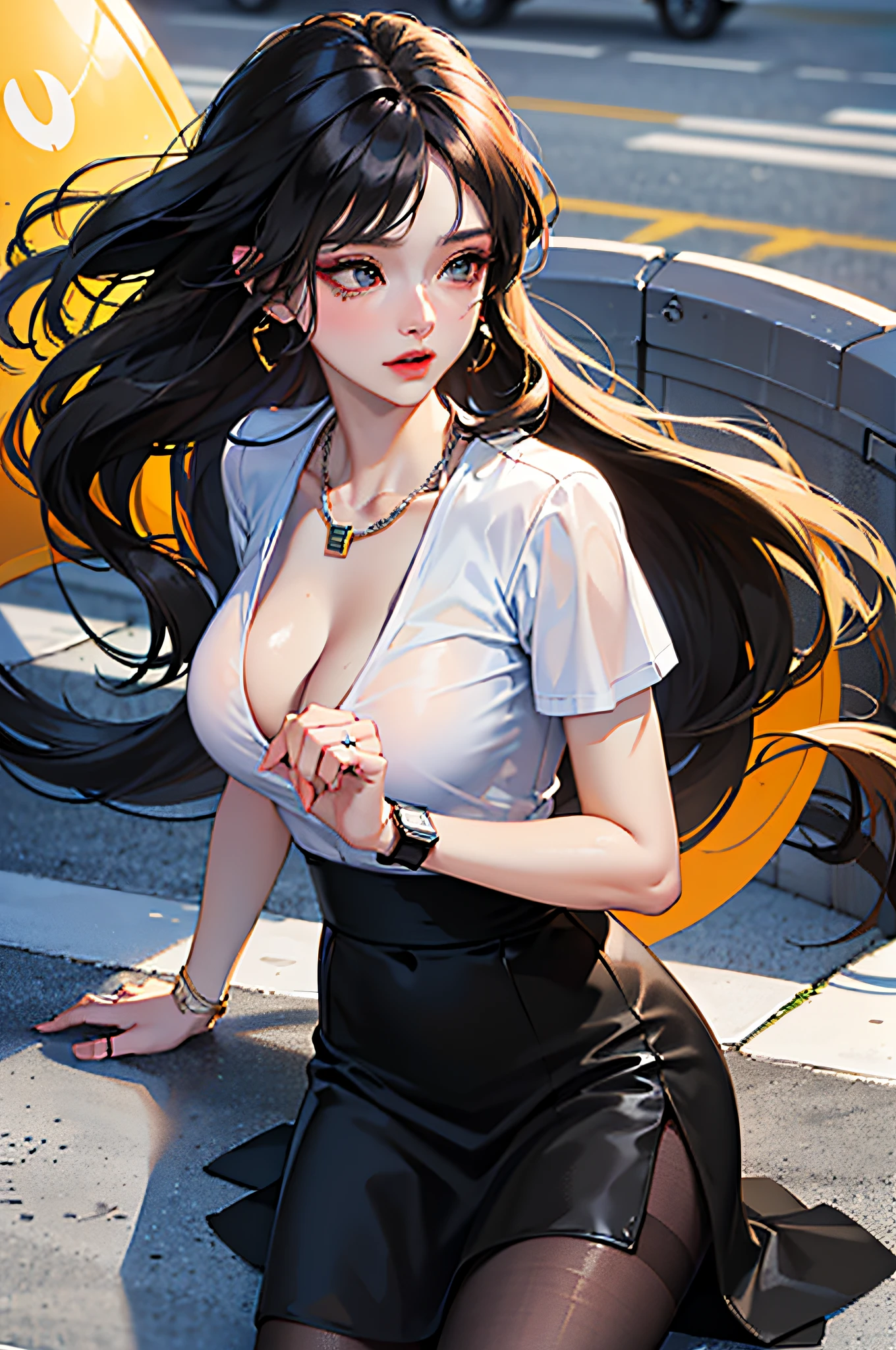 (bestbestquality,8K,A Masterpiece),(In the hotel,Capture,Sit,Sit on a stool,Look at the laptop),(A pretty maiden,with long black hair,Long messy hair,curly hair,huge eyes:1.3,Long eyelashes,Delicate makeup:1.4,Sexy lips,Blushlush),(Exquisite watches,Reflective necklace,Bulgari's earrings,Bulgari's ring),(Fashionable outfits,dressed in a white t shirt),(middle breasts,endure),(Black oily transparent pantyhose),(Black hip skirt),Light ripe,Royal sister,Optimal light,best shadow,Cinematic Lights,28 years old,1女孩,Need,(realskin,Supple skin)raytracing,Unreal Engine 5,Reflective skin,Digital illustration,Game CG characters,Supermodel,(kpop,idol),(Body edge lighting,Colored light sources are around),There is wind blowing hair,Looking into the distance,