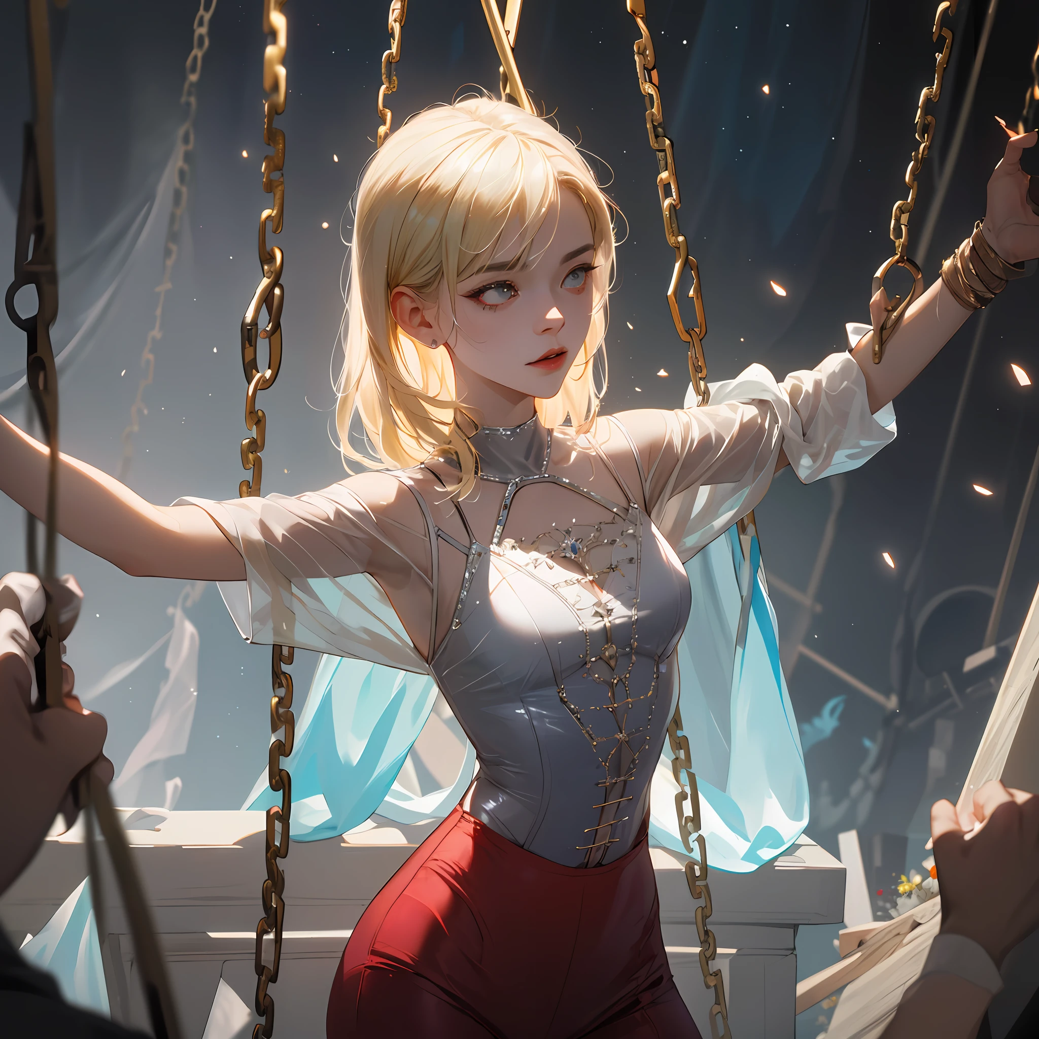 A fearless sexy female acrobat, early adult female, bang blonde hair, dances across tightropes, and swings between dilapidated circus tents, each inhabited by eerie circus performers from beyond the grave, (absurdres, highres, ultra detailed), upper body shot, glass particles around her, mesmerising shot, masterpiece