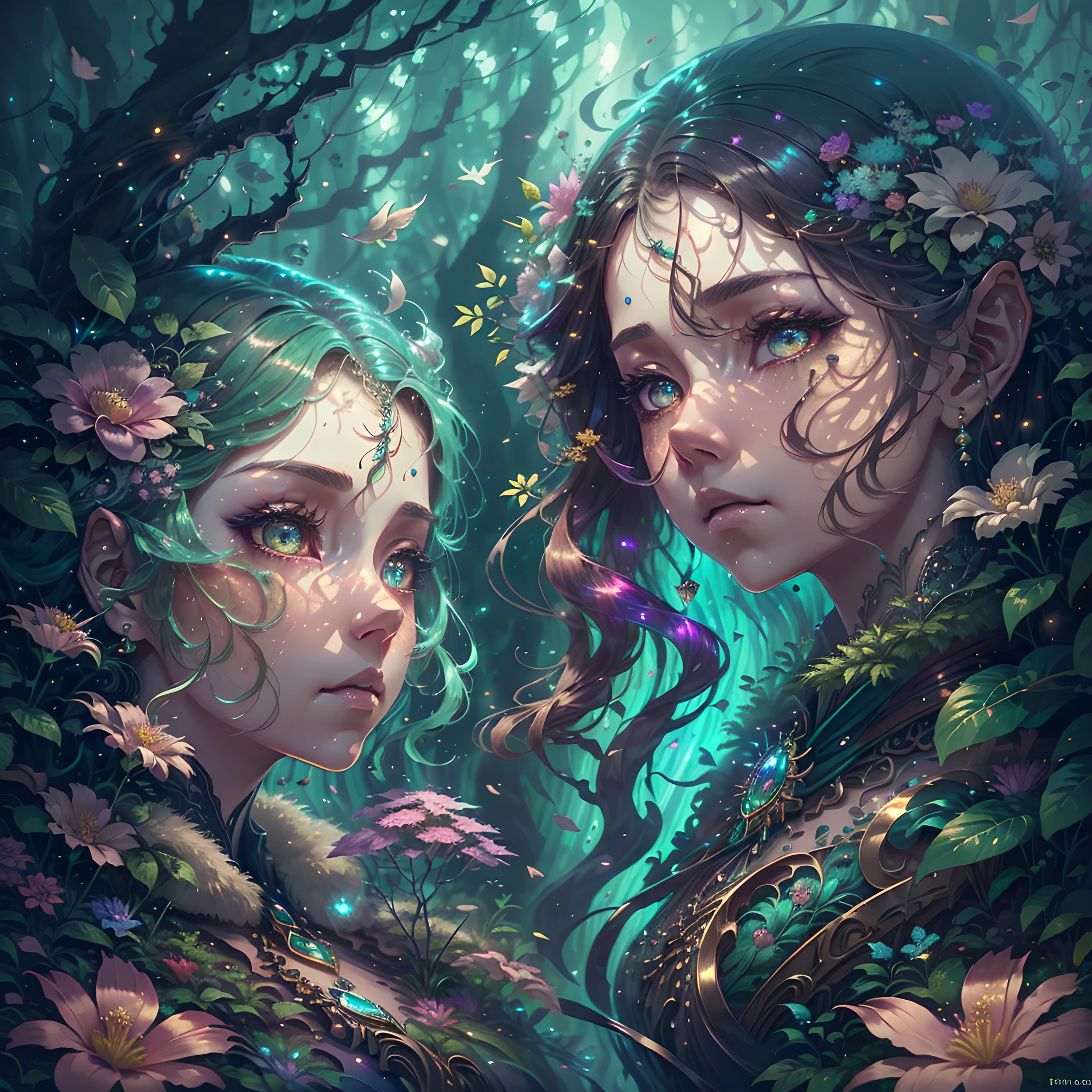 generate a petite female forest spirit ((created in the style of Ruan Jia artstation)). The woman should have a beautifully detailed face and eyes with realistic shading and realistic details. Her mouth should be wide, her lips should be full and soft, and her face should look mature and middle-aged. She should be in an enchanting, whimsical, and lush vegetation (created in the style of Hayao Miyazaki). include ethereal glow, mystical creatures, vibrant colors, dreamlike atmosphere, realism. wideshot showing landscape. include phantasmal iridescence and fantasy details, bumps, ornate. include beautiful colorful flowers multicolored