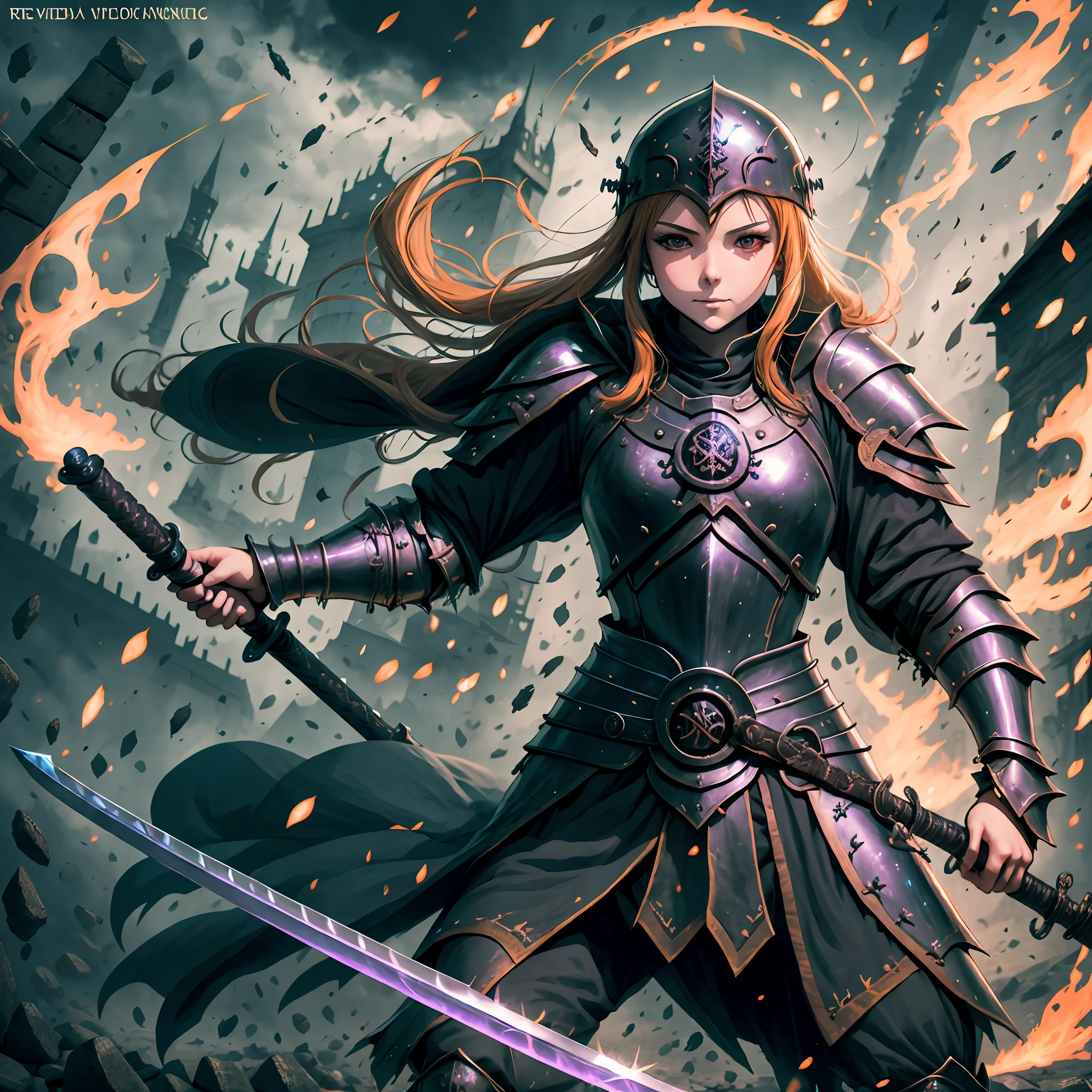 1 Anime Style Girl 4K Realistic Armor Medieval Dark Soul Style Setting with Sword Shield Combat Position --auto